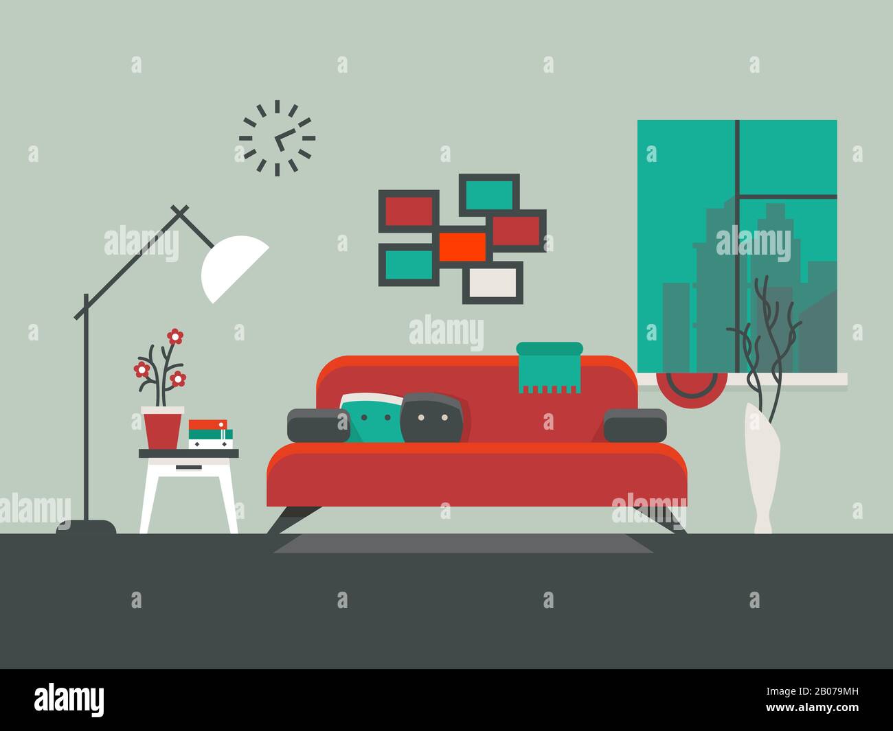 Interno domestico dell'illustrazione del vettore del soggiorno. Tavolo e divano, appartamento con finestra Illustrazione Vettoriale