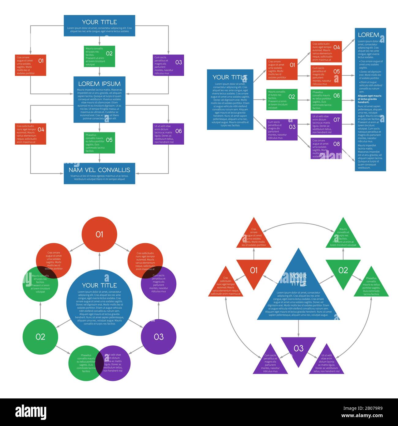 Diagrammi di flusso strutturati, diagrammi di flusso insieme di vettori. Grafico infografica per le aziende, illustrazione della strategia di organizzazione del piano Illustrazione Vettoriale