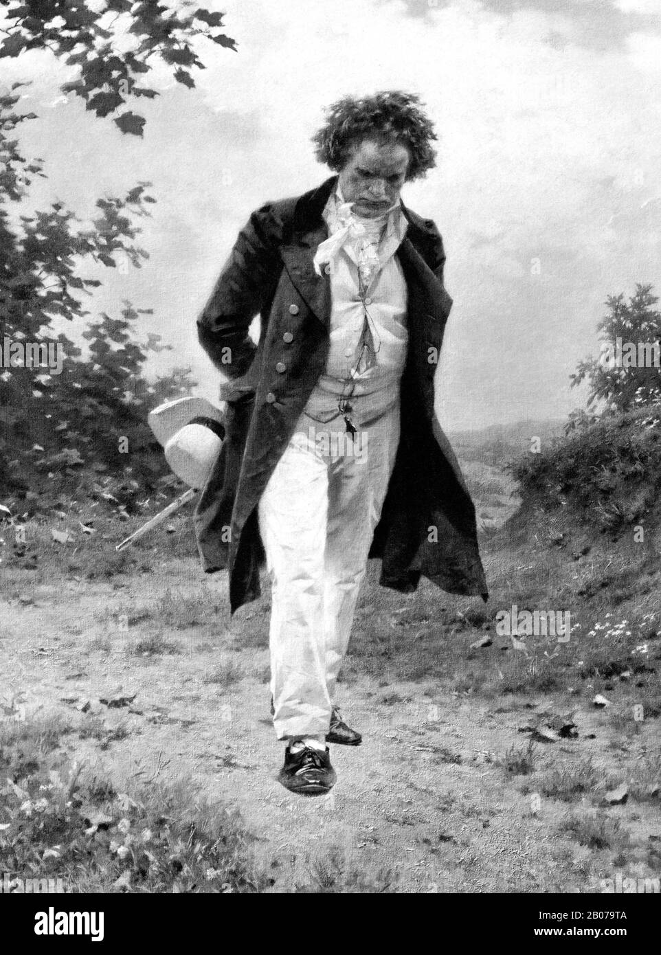 Immagine d'epoca raffigurante il compositore e pianista tedesco Ludwig van Beethoven (1770 – 1827) con una passeggiata nella natura. Dettagli da una stampa del 1910 circa di Berlino Photographic Company basata su un dipinto di Julius Schmid. Foto Stock