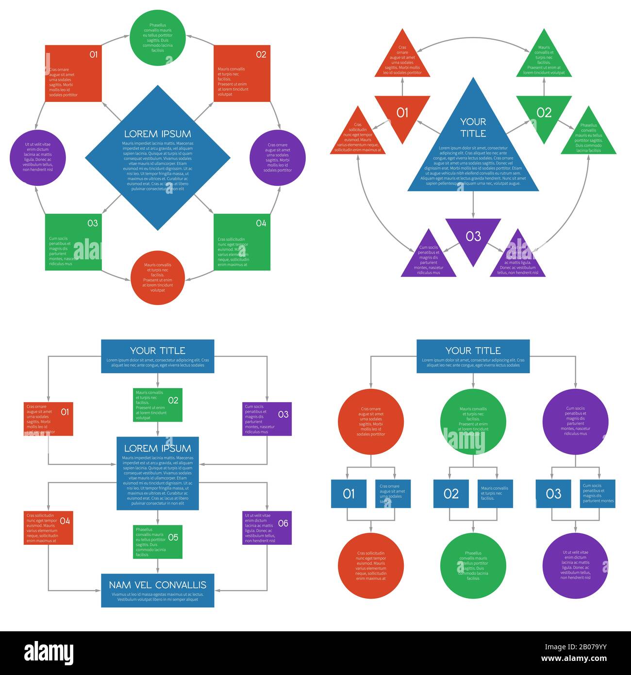 Diagrammi gerarchici diagramma di flusso del vettore infografica Set.struttura aziendale collegamento lavoro di squadra illustrazione Illustrazione Vettoriale
