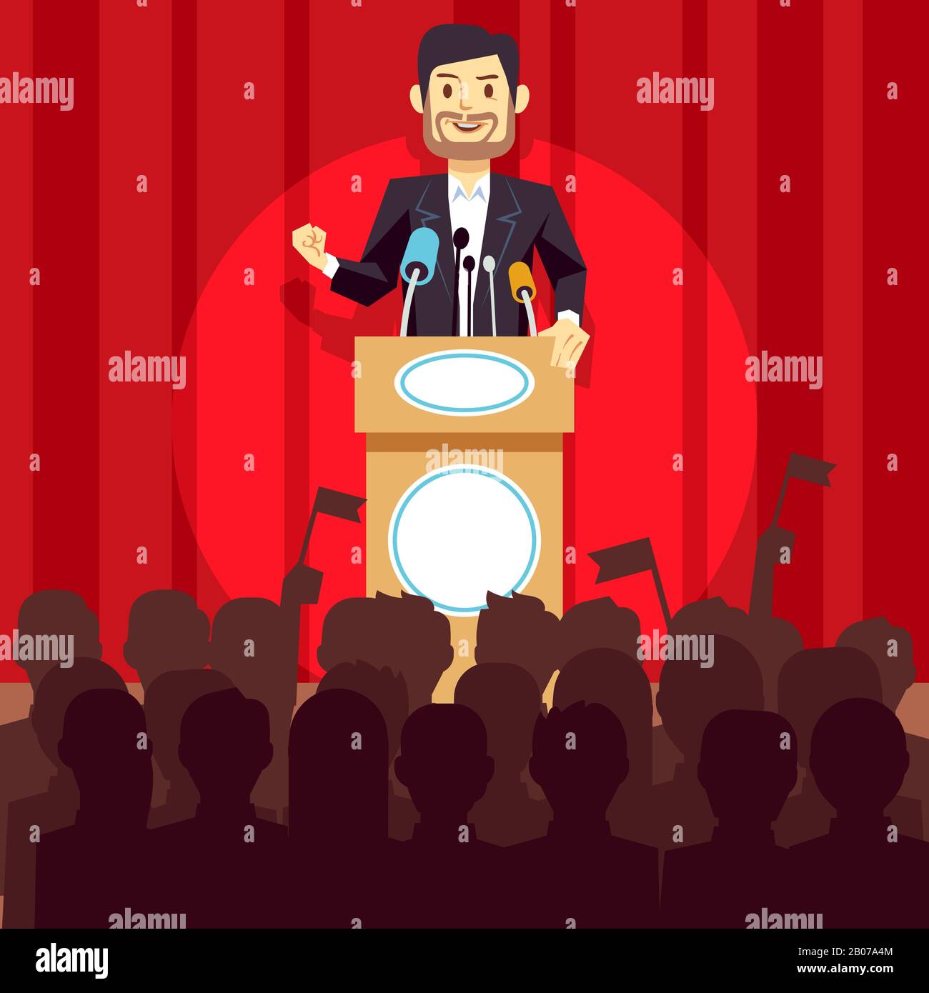 Business leadership vettore concetto con speaker business businessman, politico sul podio. Discorso della persona sull'illustrazione della conferenza Illustrazione Vettoriale
