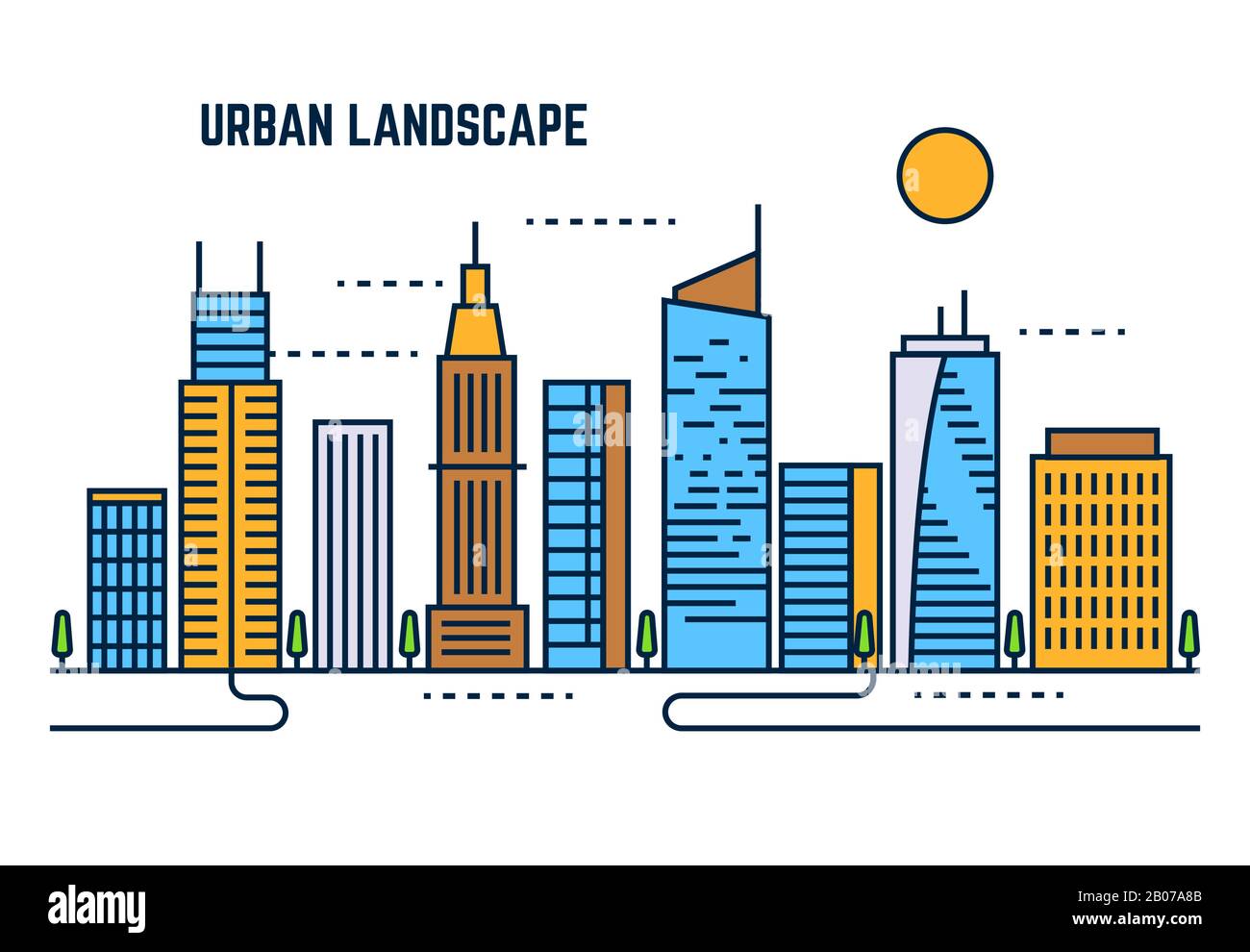 Progettazione vettoriale a linea piatta urbano. Edificio architettura centro, grattacielo in città d'affari illustrazione Illustrazione Vettoriale