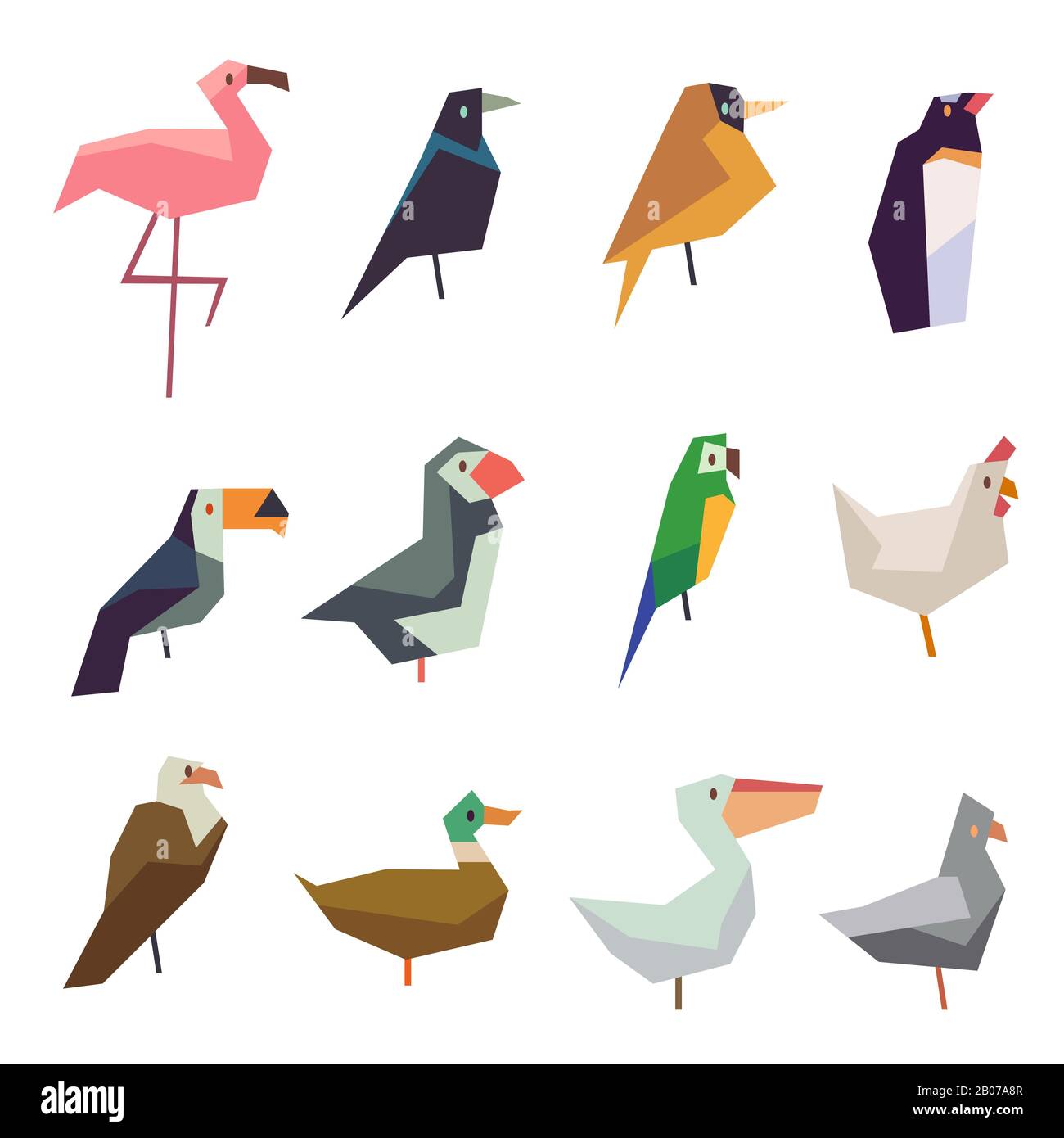 Carino vettore di uccelli icone piatte set. Illustrazione di pappagallo selvatico e piccione Illustrazione Vettoriale