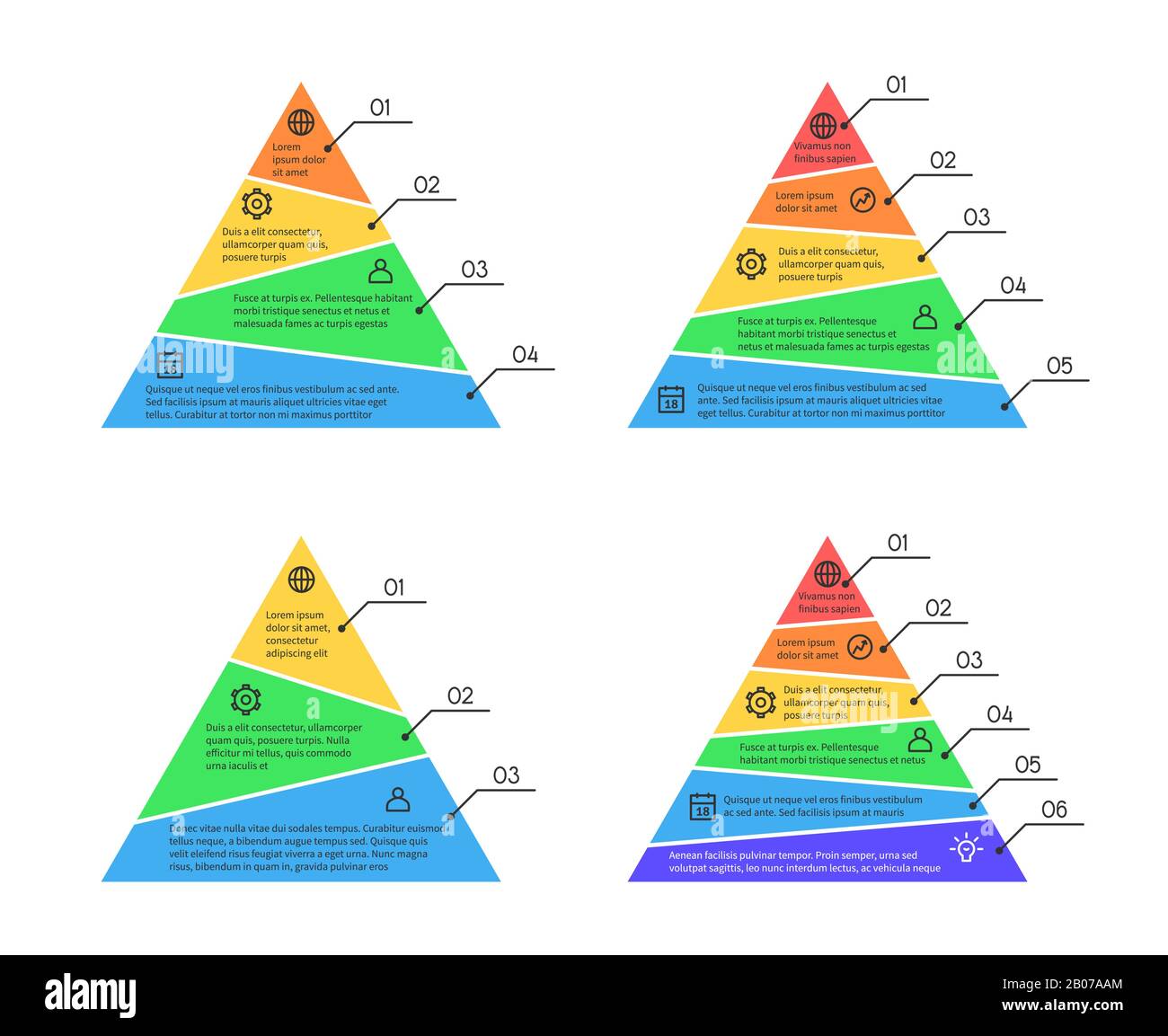 Piramide, livelli grafico elementi vettoriali infografici con diversi numeri di livelli. Livello aziendale per la presentazione, illustrazione delle informazioni sui diagrammi Illustrazione Vettoriale