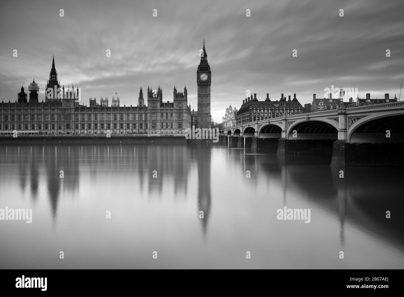 Big Ben, le Houses of Parliament e Westminster Bridge di Londra, Inghilterra Foto Stock