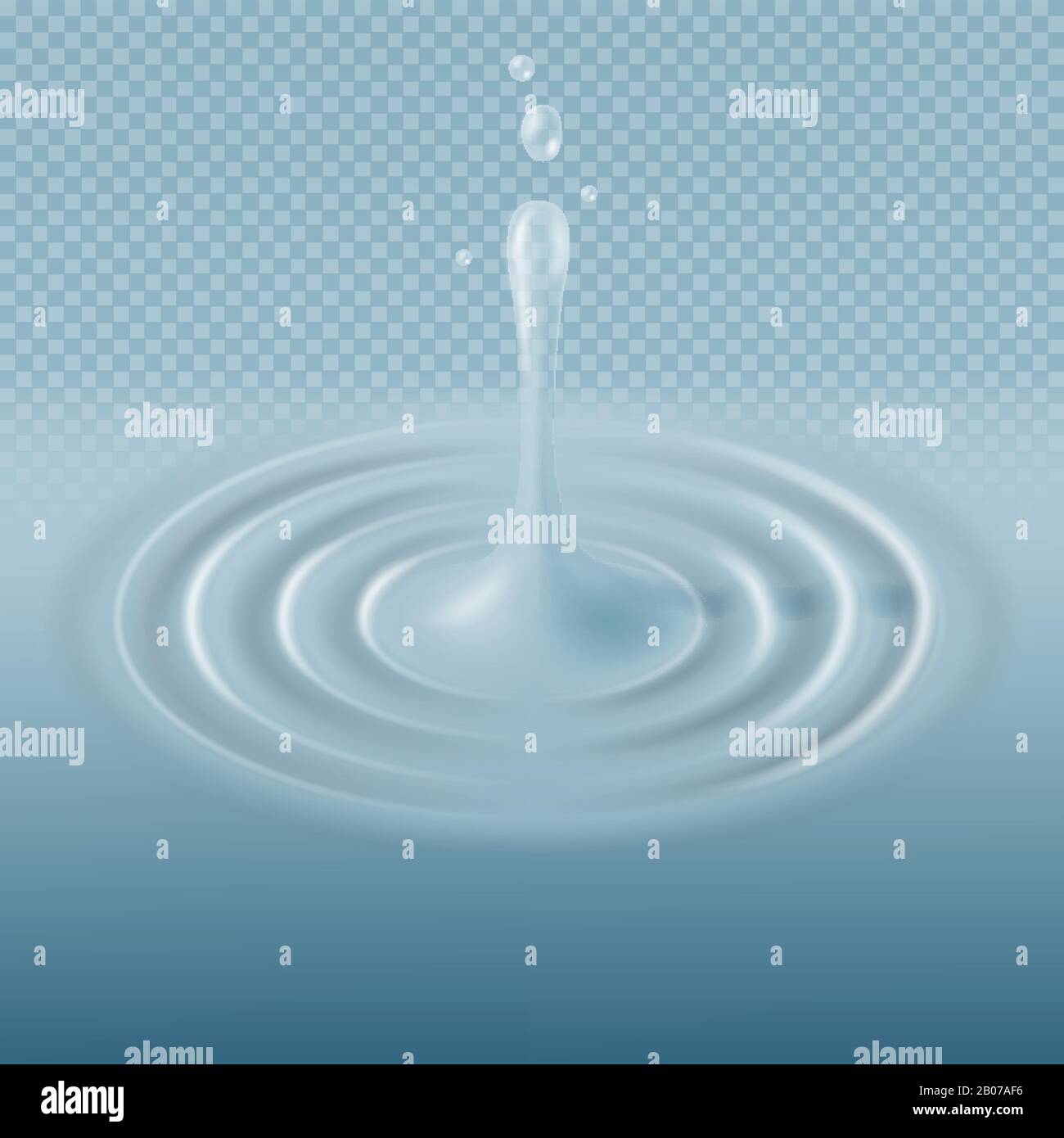 Caduta di acqua blu con immagine vettoriale della superficie di ondulazione. Gocce e schizzi puliti, gocce di pioggia fresche Illustrazione Vettoriale