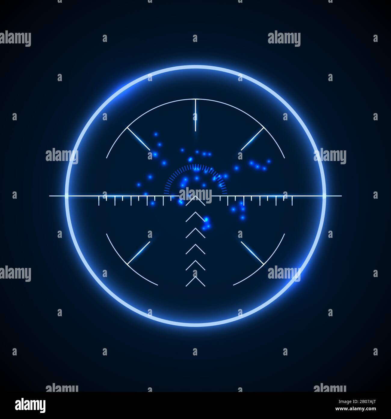 Precisione del mirino di precisione, illustrazione del vettore bersaglio luminoso al neon. Mira militare e mira ottica Illustrazione Vettoriale