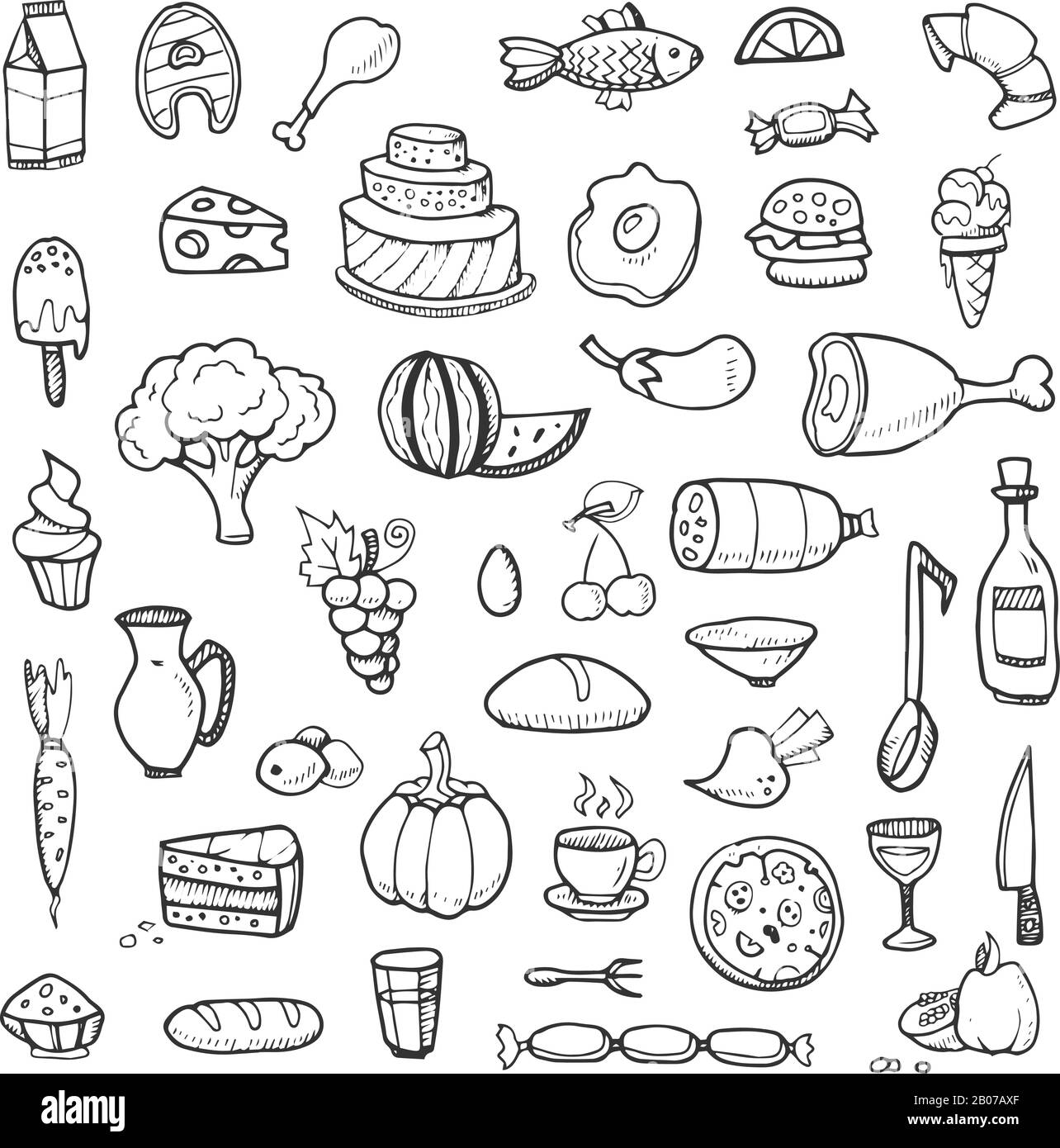 Cibo, verdure, bevande, spuntini, fast food doodle schizzo disegnato a mano icone vettoriali. Disegno di disegno hamburger pranzo e cena illustrazione Illustrazione Vettoriale