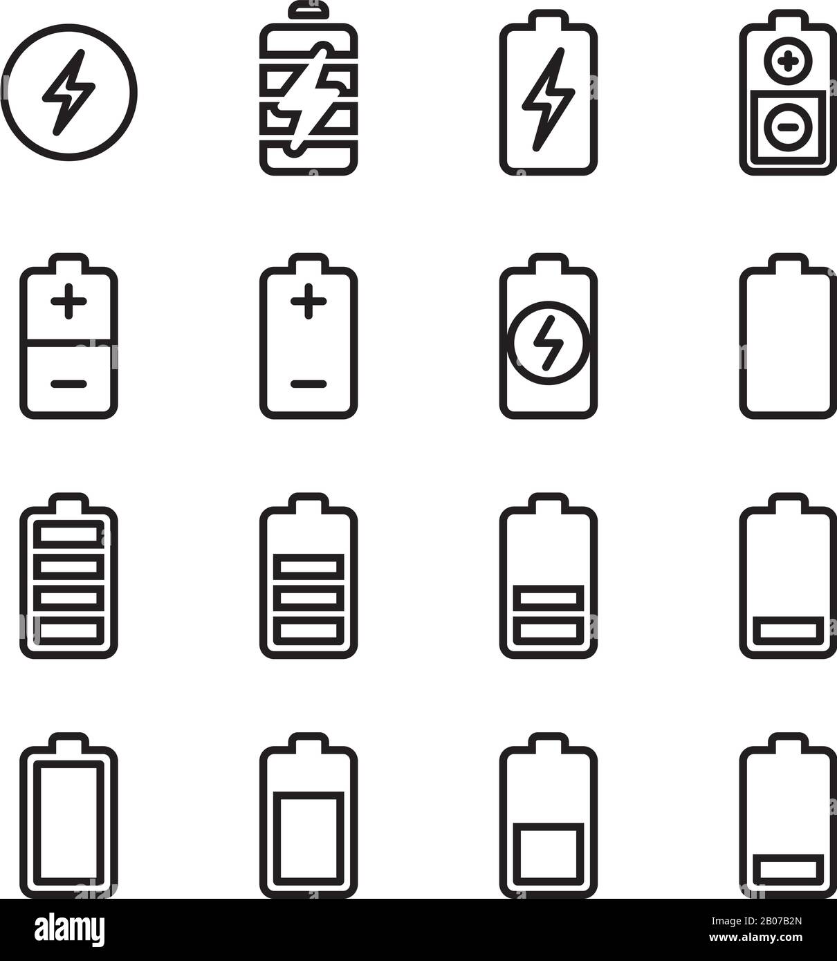Batteria elettrica, icone vettoriali per la ricarica di linee sottili. Energia elettrica, illustrazione del caricabatteria di livello dell'accumulatore Illustrazione Vettoriale