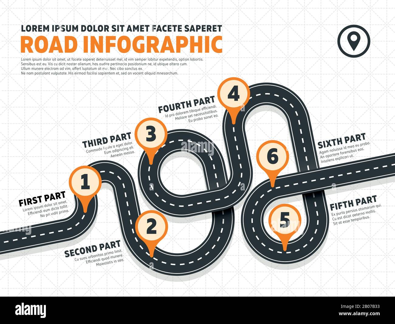 Modello infografica per vettori di marketing via-strada con segnali PIN. Banner mappa aziendale per la crescita e lo sviluppo Illustrazione Vettoriale
