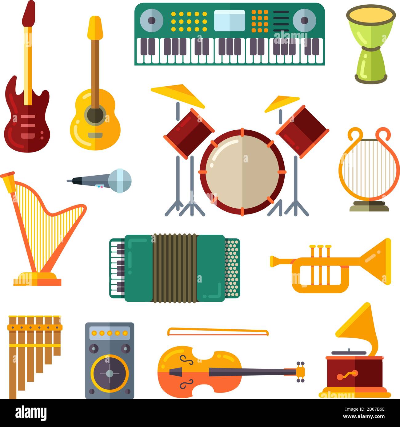 Icone vettoriali piatte per strumenti musicali. Illustrazione di chitarra e pianoforte, tromba e microfono Illustrazione Vettoriale