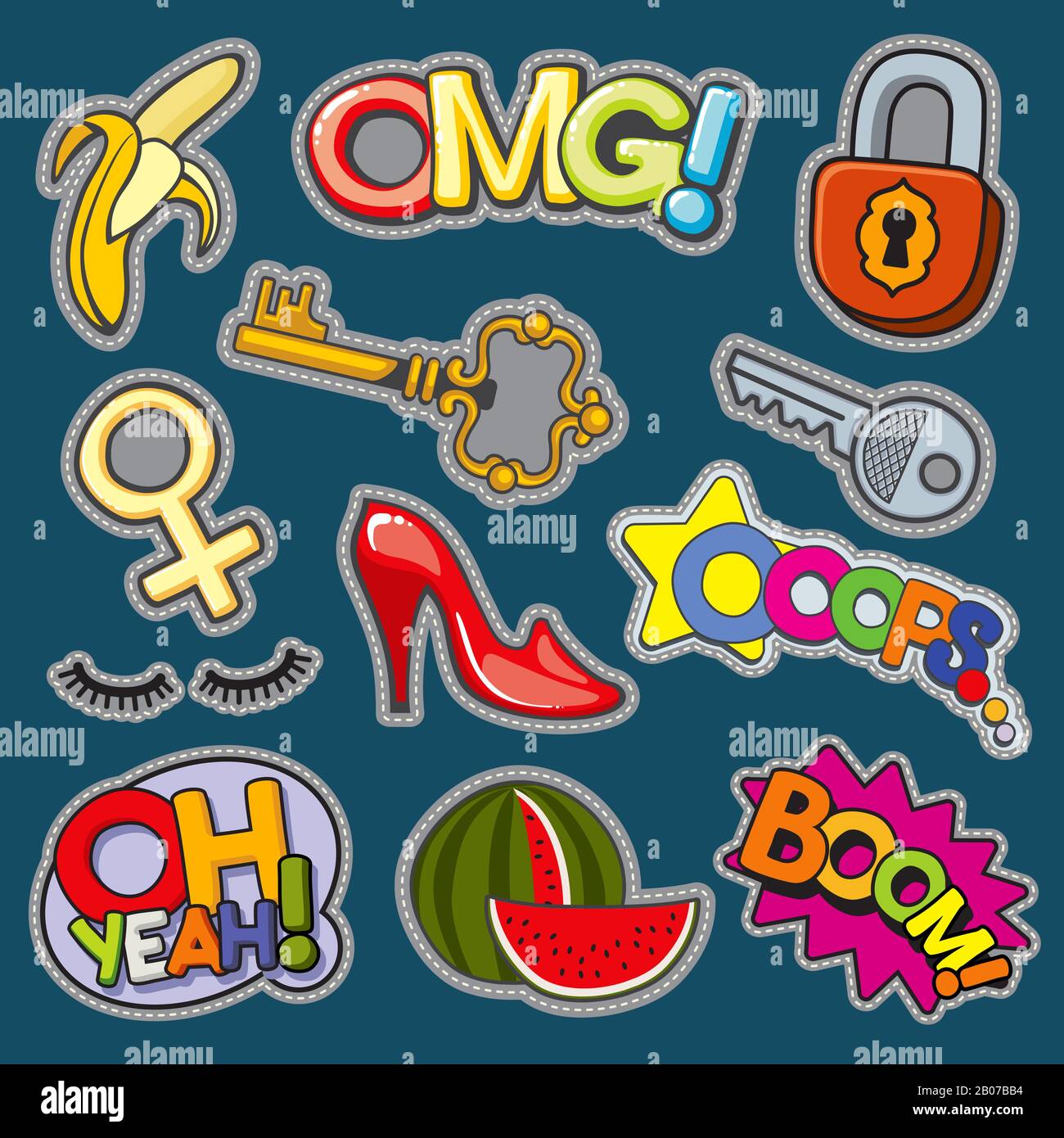 Set vettoriale di badge fashion patch 80s-90s stile ragazza. Anguria e scarpe, chiave e lucchetto illustrazione Illustrazione Vettoriale