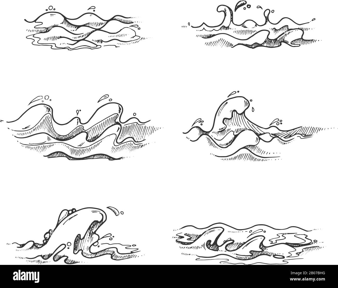 Onde marine e oceaniche, spruzzi d'acqua in vettore disegnato a mano, schizzo, stile doodle. Disegno mare tempesta ondeggiante movimento illustrazione Illustrazione Vettoriale