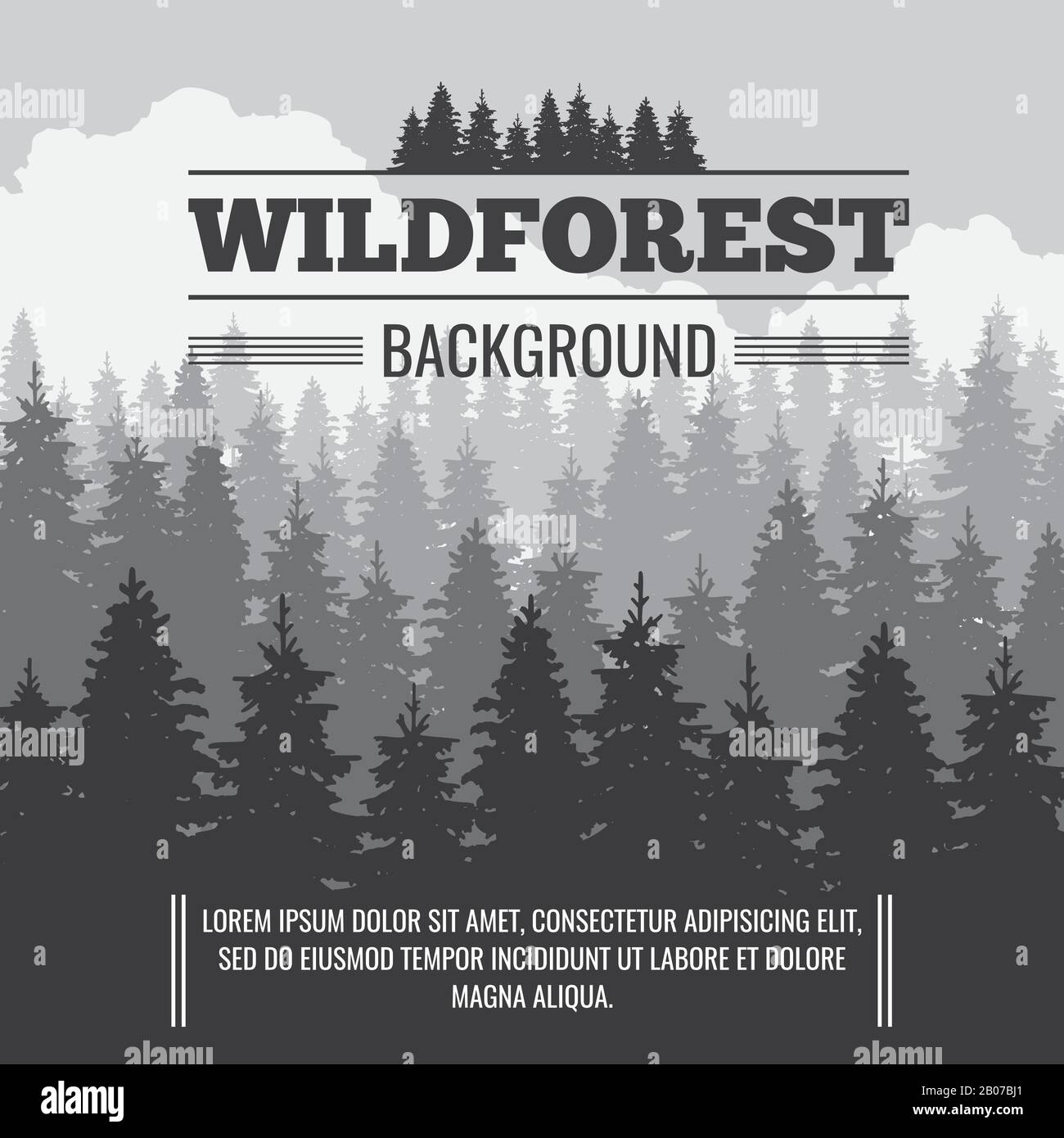 Bosco di pino conifere selvatico vettore natura esterna fondo. Banner con illustrazione del paesaggio di pino Illustrazione Vettoriale