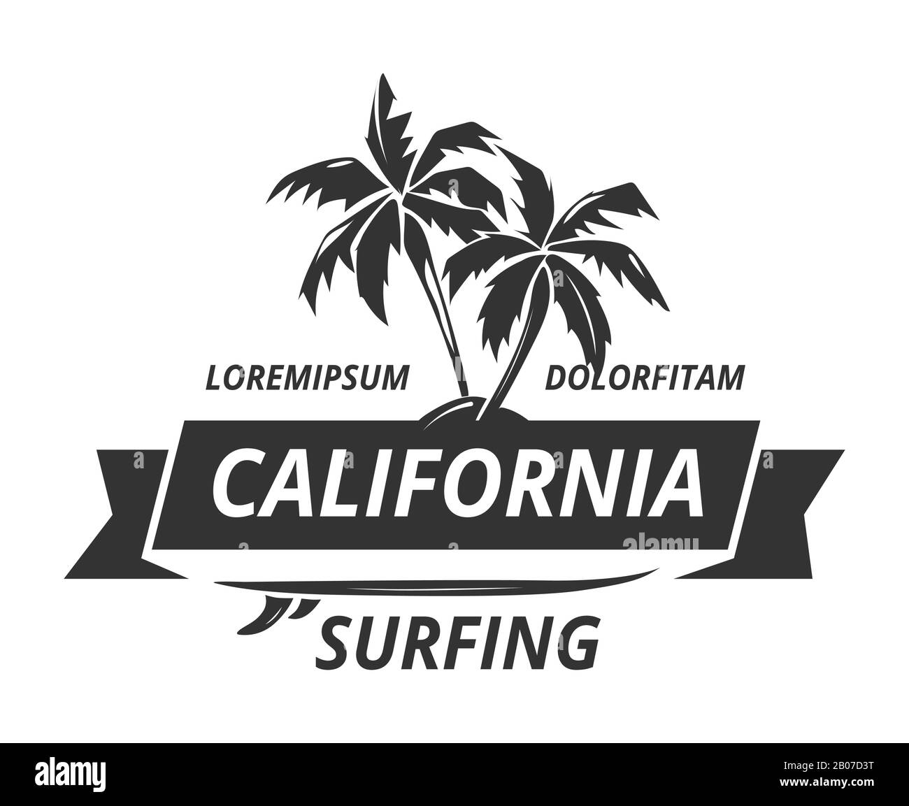 Logo surf con palma. Natura tropicale esotica, illustrazione vettoriale Illustrazione Vettoriale