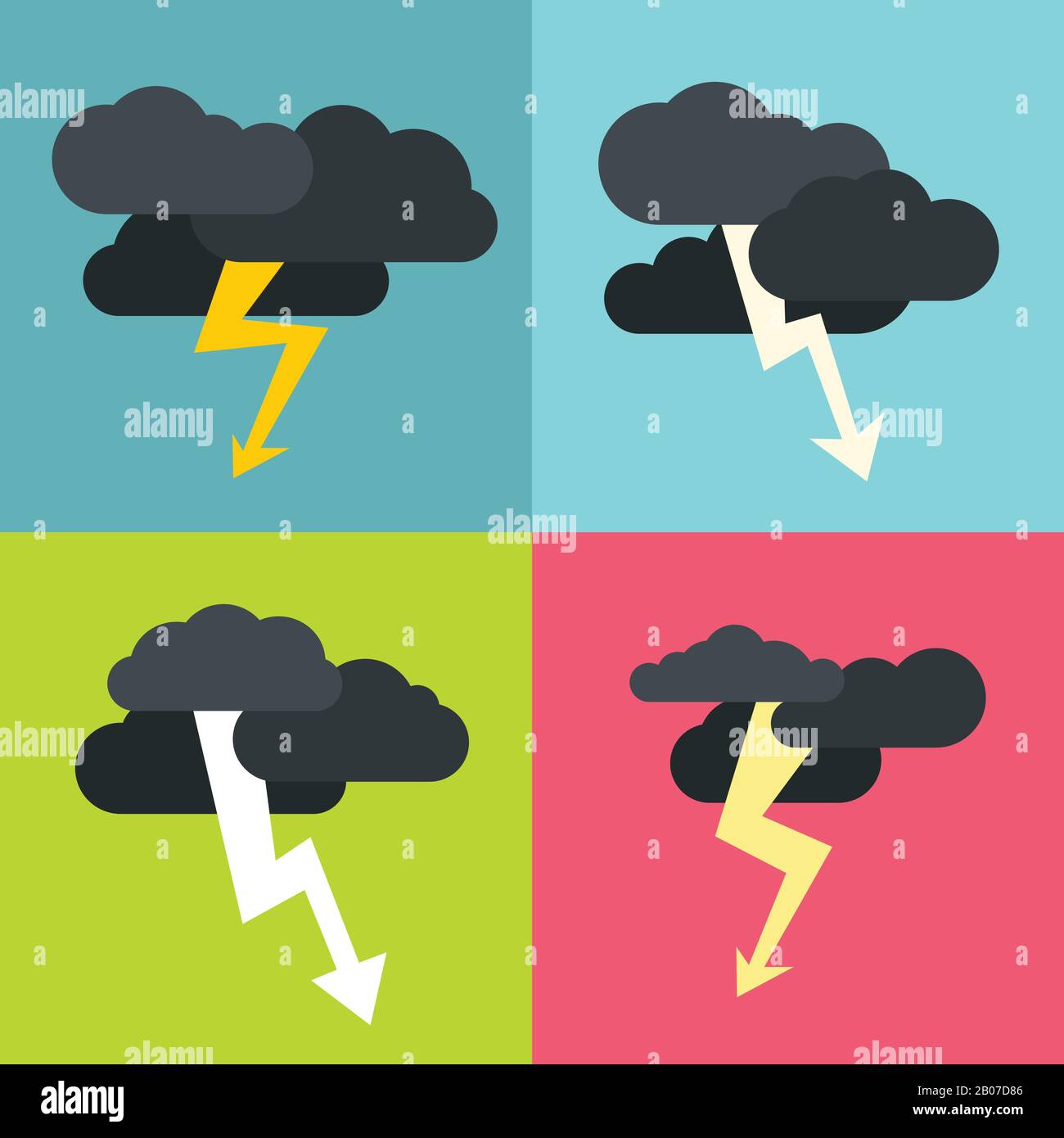 Icone piatti Thunderclouds sullo sfondo a colori. Ciclone di tempesta con nuvole scure. Illustrazione del vettore Illustrazione Vettoriale