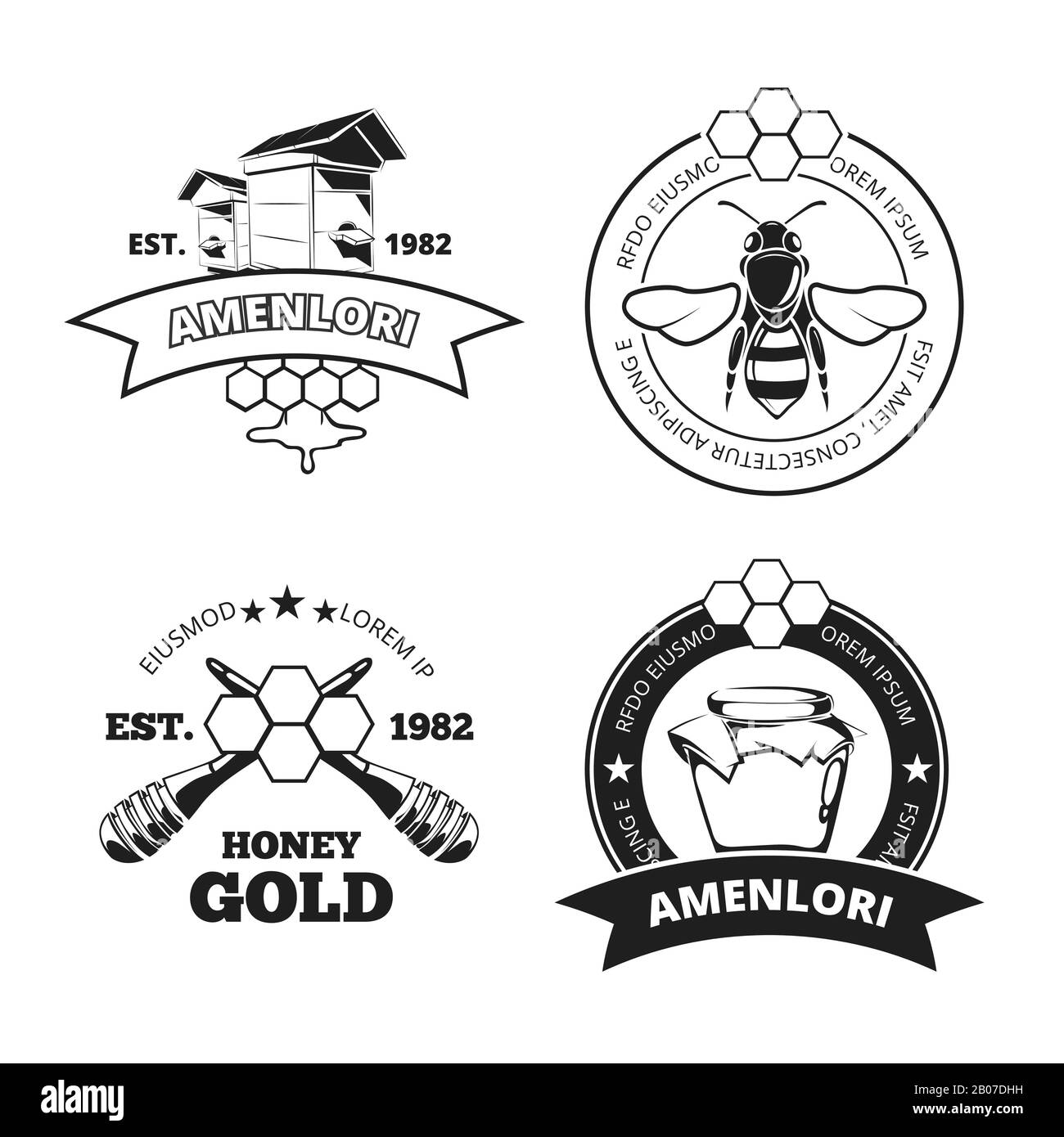 Apicoltore retrò, emblemi vettori di miele, loghi in nero isolato. Illustrazione in stile vintage lineare a nido d'ape Illustrazione Vettoriale