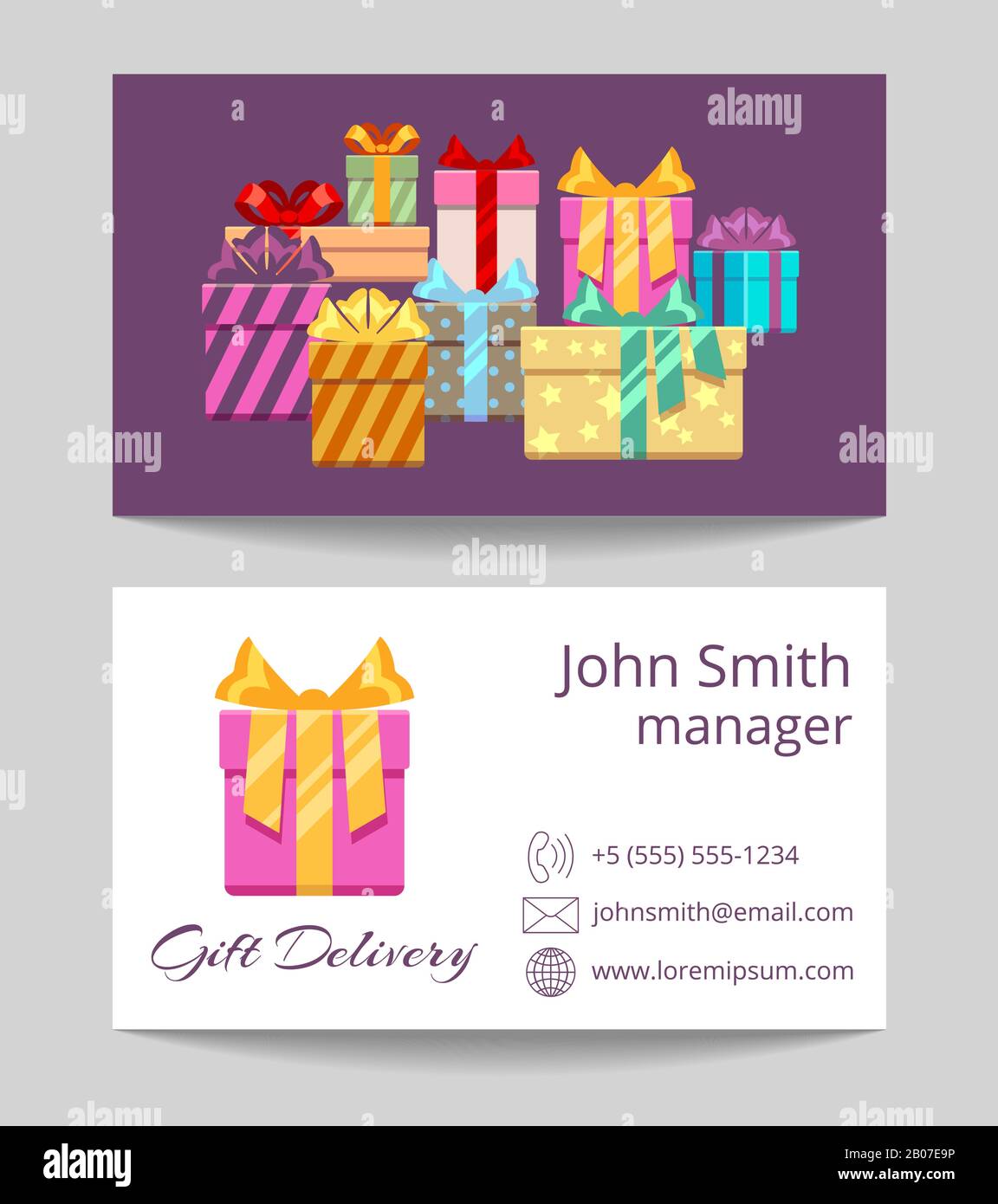 Biglietto da visita per il servizio di consegna regali, modello per entrambi i lati. Illustrazione del vettore Illustrazione Vettoriale