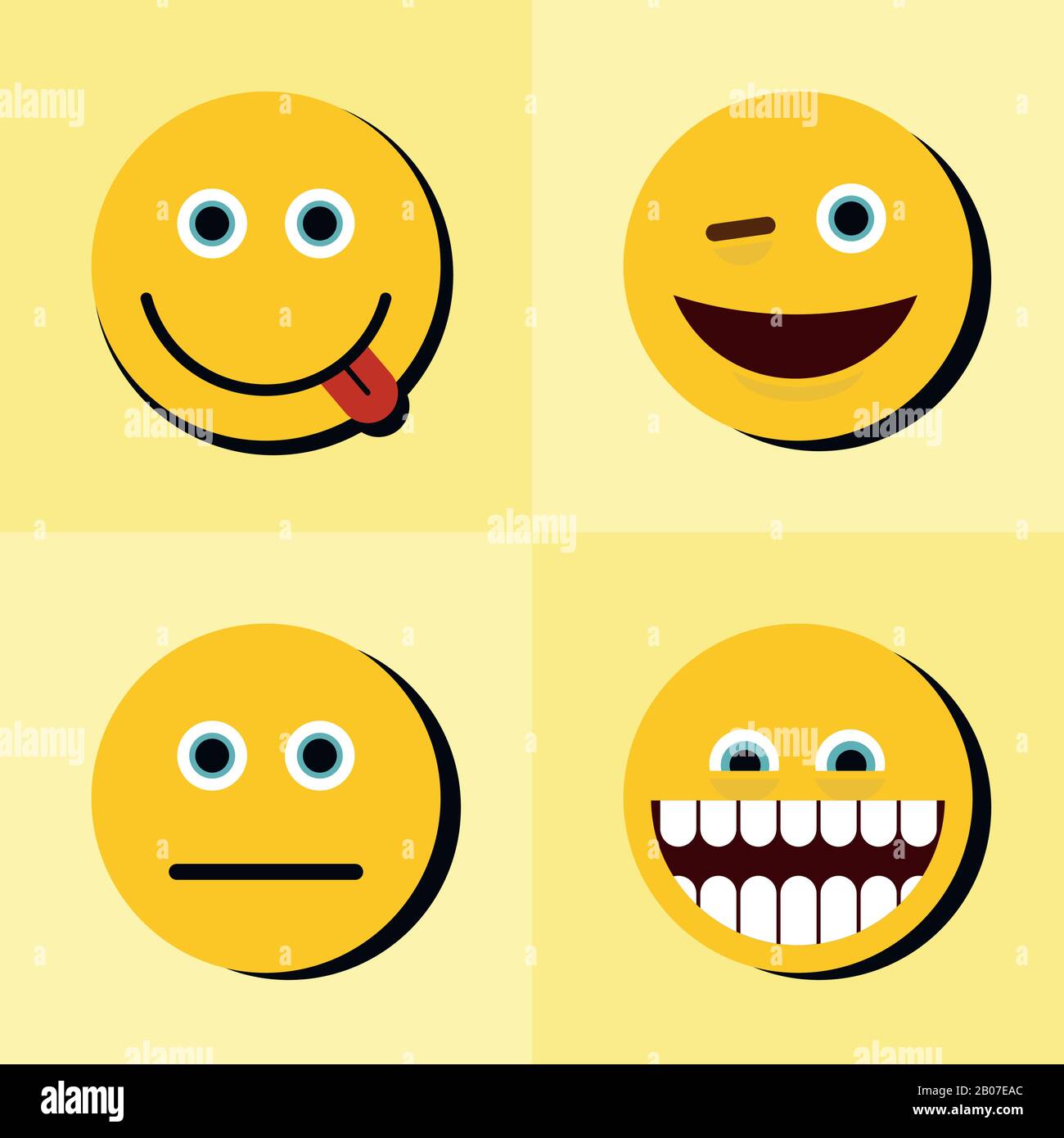 Emoticon, icone emoticon su sfondo giallo con ombra nera. Carattere facciale per chat, illustrazione vettoriale Illustrazione Vettoriale