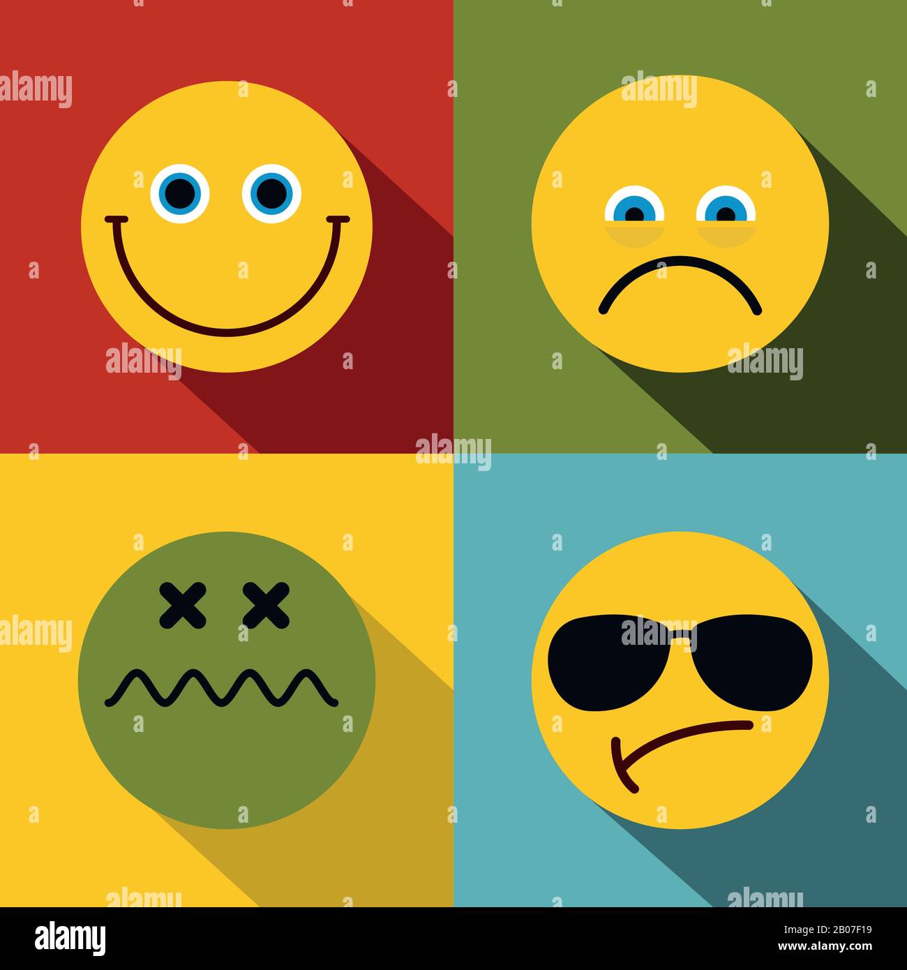 Emoticon, icone emoticon in stile piatto isolate su sfondo a colori. Illustrazione del vettore Illustrazione Vettoriale