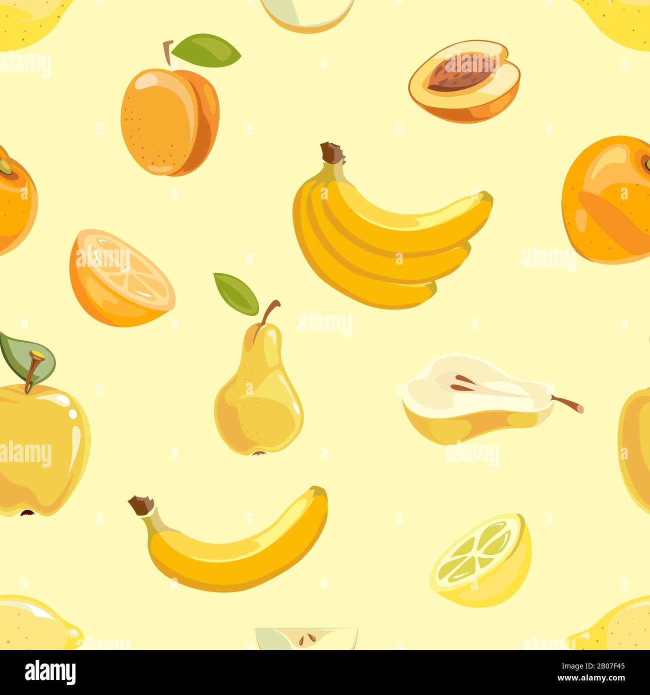 Frutti gialli motivo senza cuciture su sfondo bianco. Banana pera e albicocca. Illustrazione del vettore Illustrazione Vettoriale