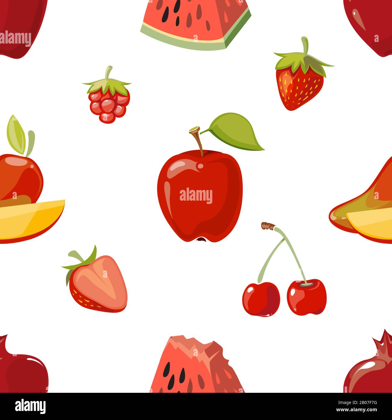 Frutti rossi motivo senza cuciture su sfondo bianco. Mela e ciliegia di Mango. Illustrazione del vettore Illustrazione Vettoriale