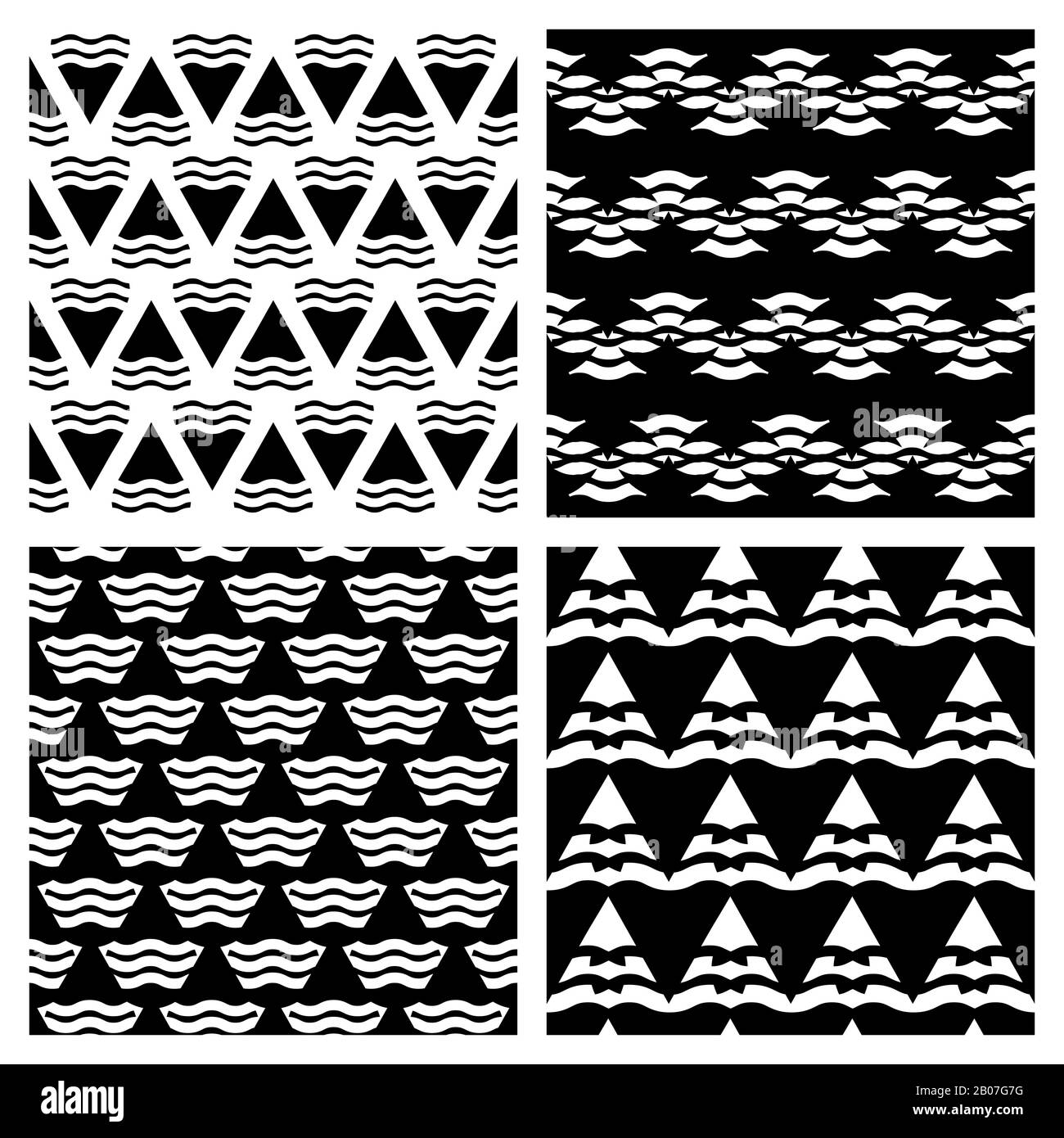 Set di sfondi geometrici astratti vettoriali senza giunture in colore nero. Raccolta di immagini monocromatiche Illustrazione Vettoriale