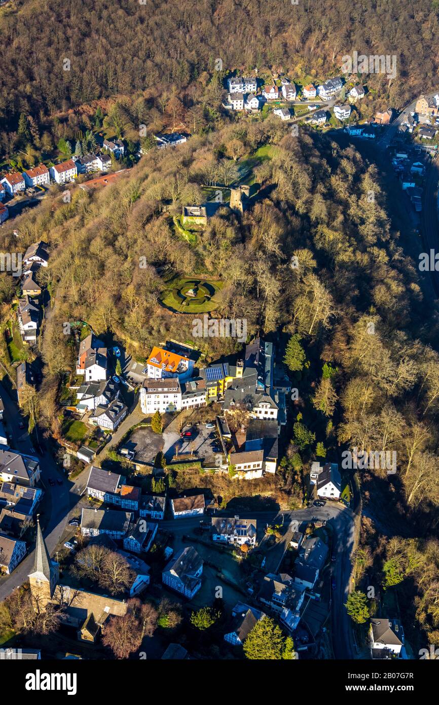 Foto aerea, castello rovina Burg Volmarstein, castello hotel Volmarstein, Volmarstein, meteo, zona della Ruhr, Renania Settentrionale-Vestfalia, Germania, architettonico Foto Stock