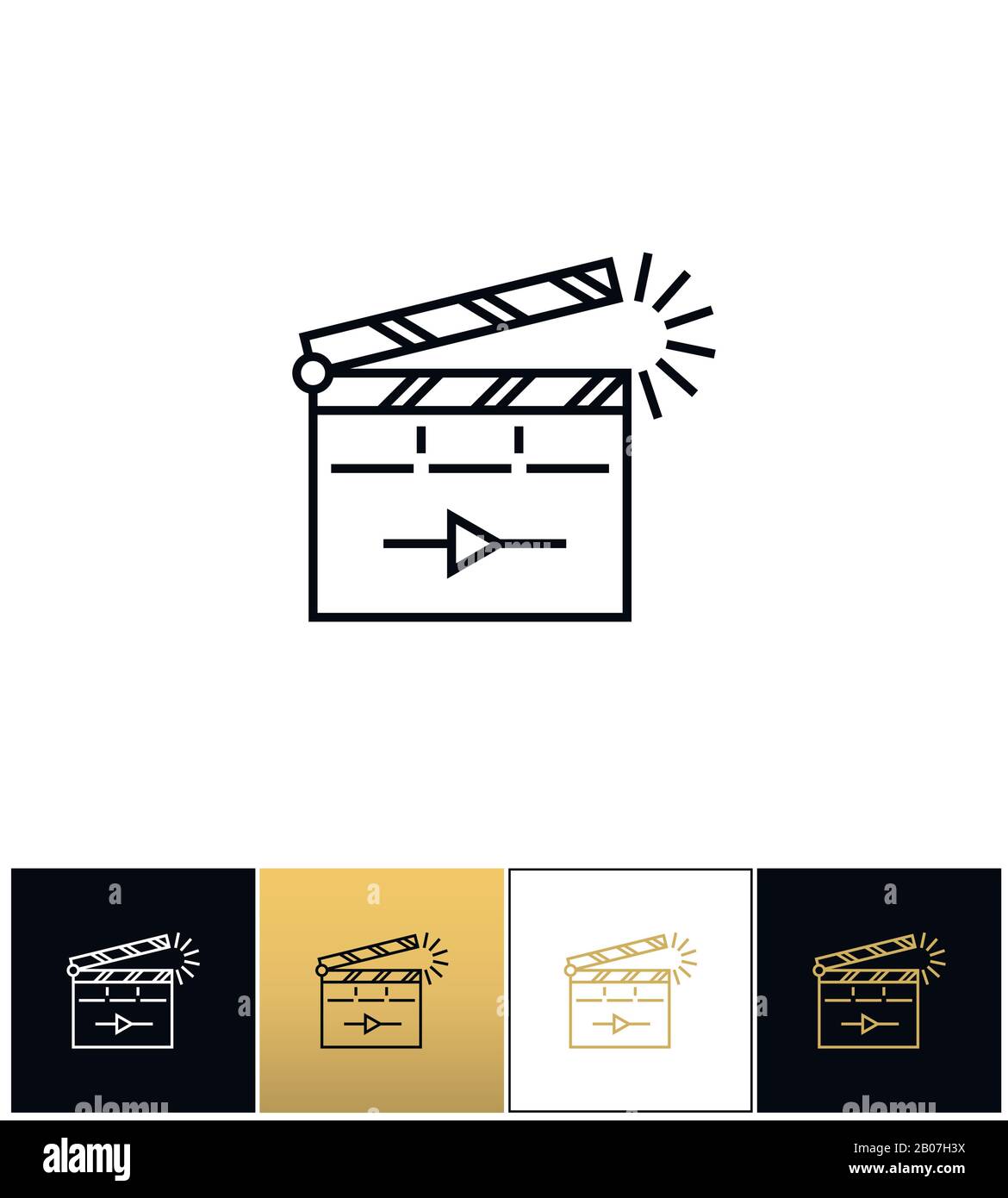 Icona del vettore clapperboard o clapperboard. Pellicola clapping clap board o Clapperboard pittogramma su sfondo nero, bianco e oro Illustrazione Vettoriale