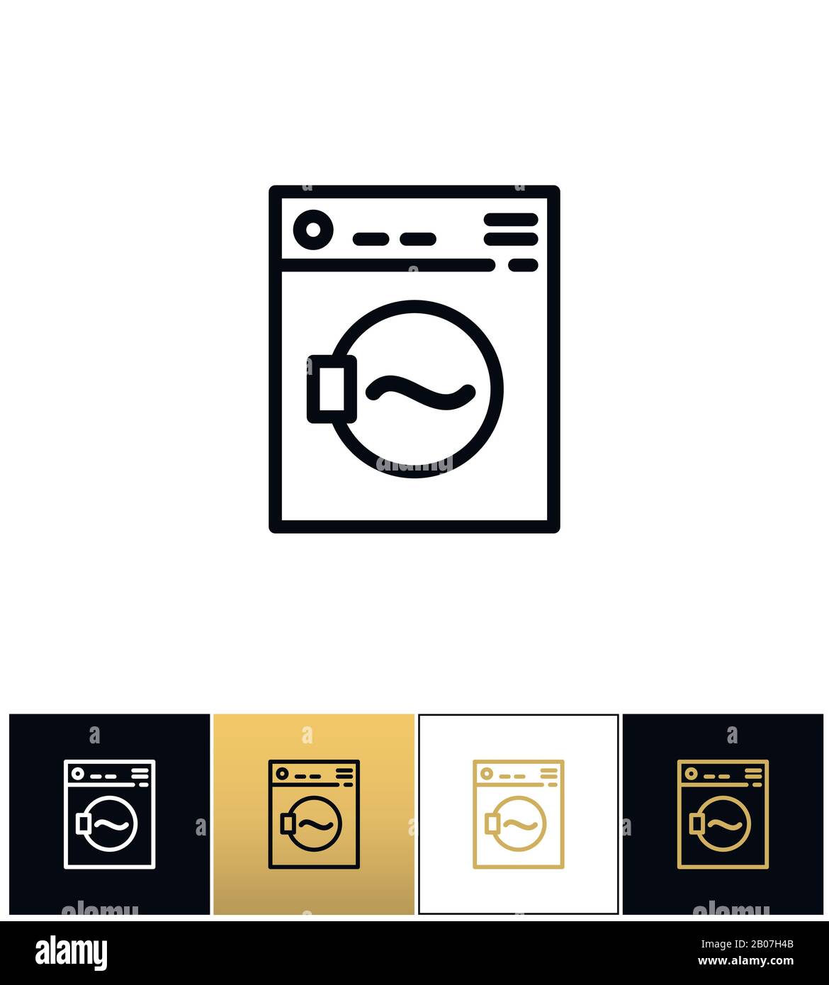 Simbolo della lavatrice o icone del vettore della lavatrice rotante su sfondo nero, bianco e oro Illustrazione Vettoriale