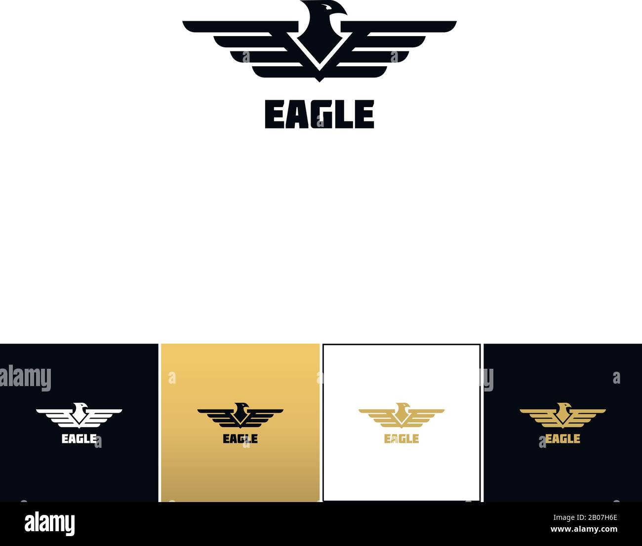 Logo Eagle o icona del vettore simbolo falco. Logo Eagle o logo falco su sfondo nero, bianco e oro Illustrazione Vettoriale