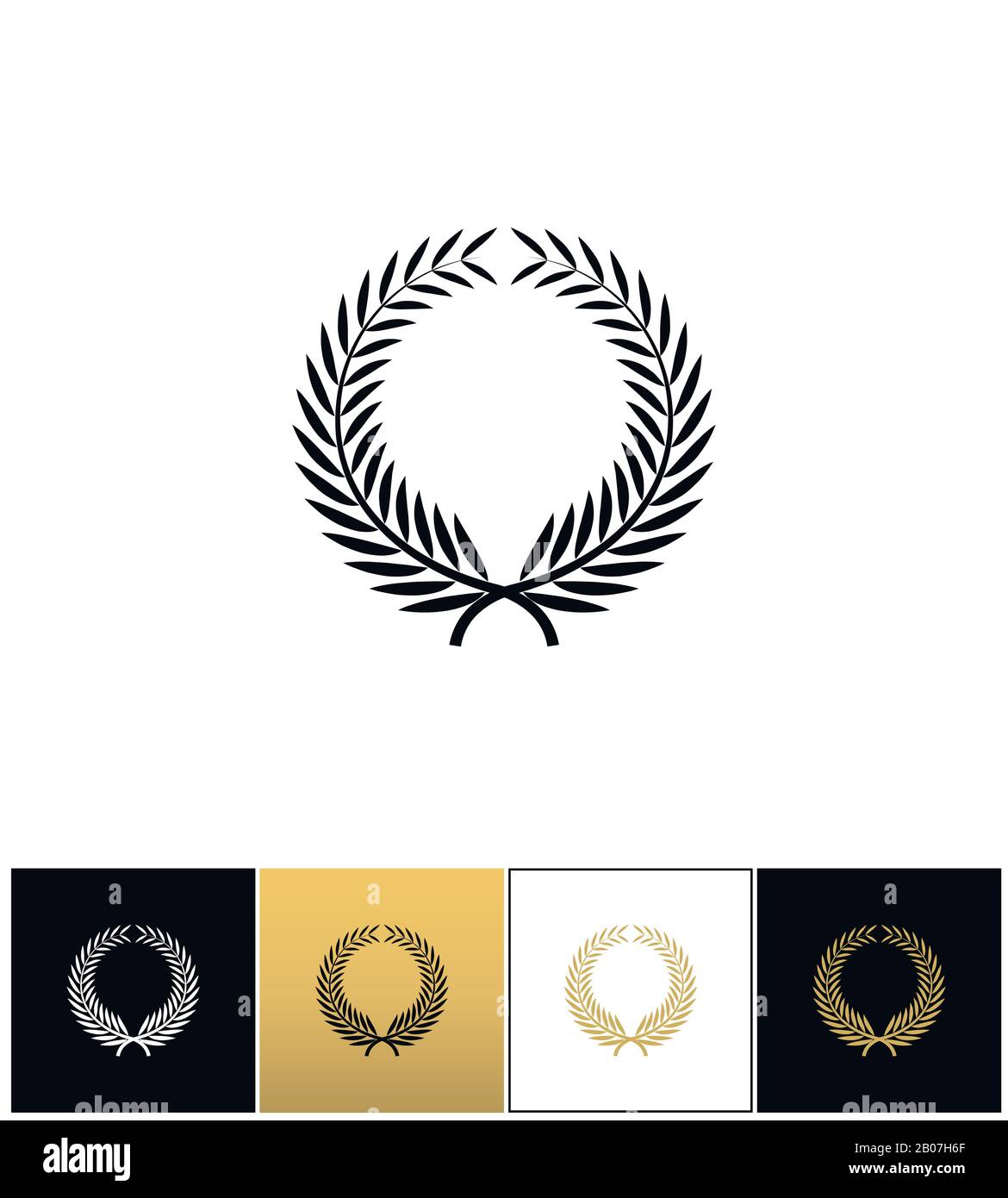 Premio greco corona con alloro lascia icona vettore. Il greco lascia il premio di alloro wreath pittogramma su sfondo nero, bianco e oro Illustrazione Vettoriale