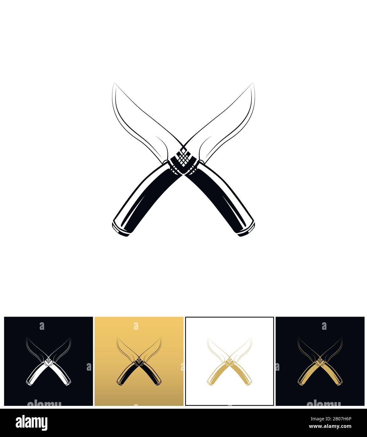 Caccia combattimento incrocio coltelli icona vettore. Caccia caccia incrociare coltelli pittogramma su sfondo nero, bianco e oro Illustrazione Vettoriale