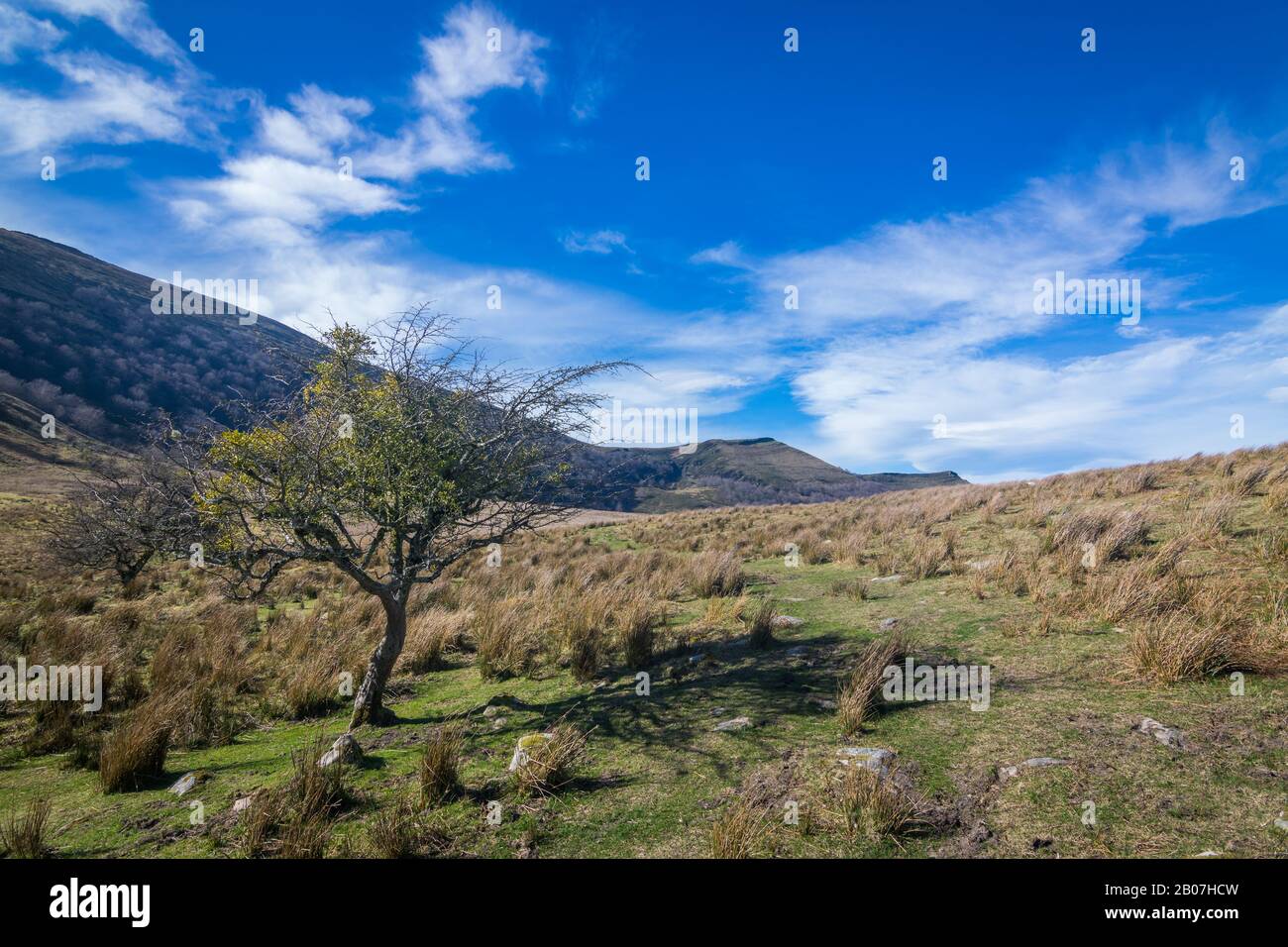 Paesaggio con una collina, cielo nuvoloso e montagne sul retro Foto Stock