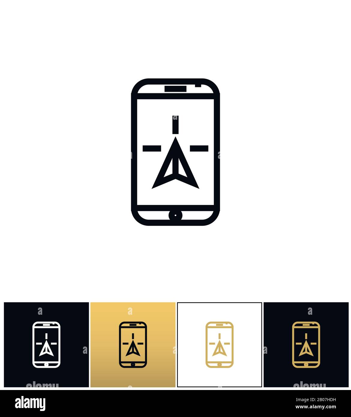 Icona del vettore di geolocalizzazione gps mobile di viaggio o di navigazione telefonica. Navigazione telefonica o GPS mobile di viaggio geolocalizzazione pittogramma su sfondo nero, bianco e oro Illustrazione Vettoriale