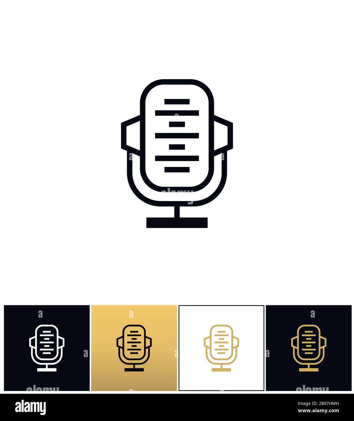 Microfono retro o registrazione audio fase, icona del vettore di studio notizie. Retro microfono o scena audio record, news studio pittogramma su sfondo nero, bianco e oro Illustrazione Vettoriale