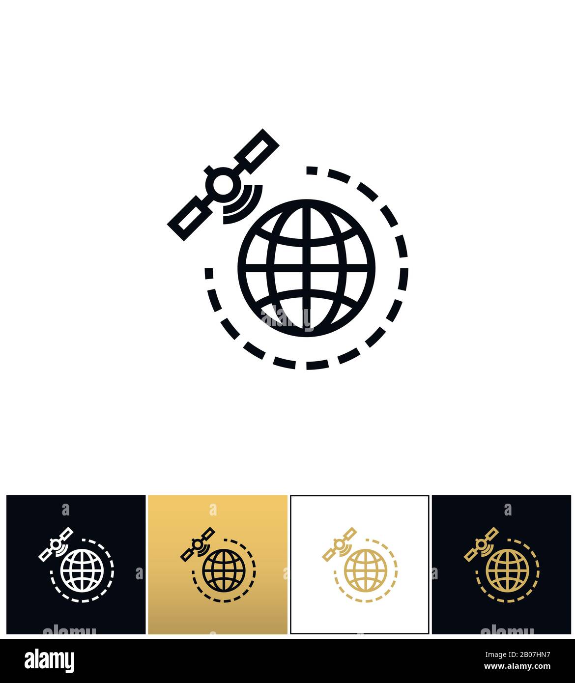 Icona del vettore satellitare gps mondiale. Pittogramma del satellite gps mondiale su sfondo nero, bianco e oro Illustrazione Vettoriale