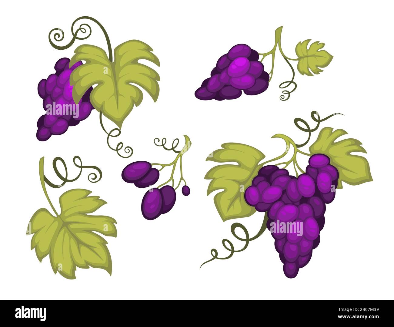 Grappoli di uva con foglie icone isolate, grappoli di bacche Illustrazione Vettoriale