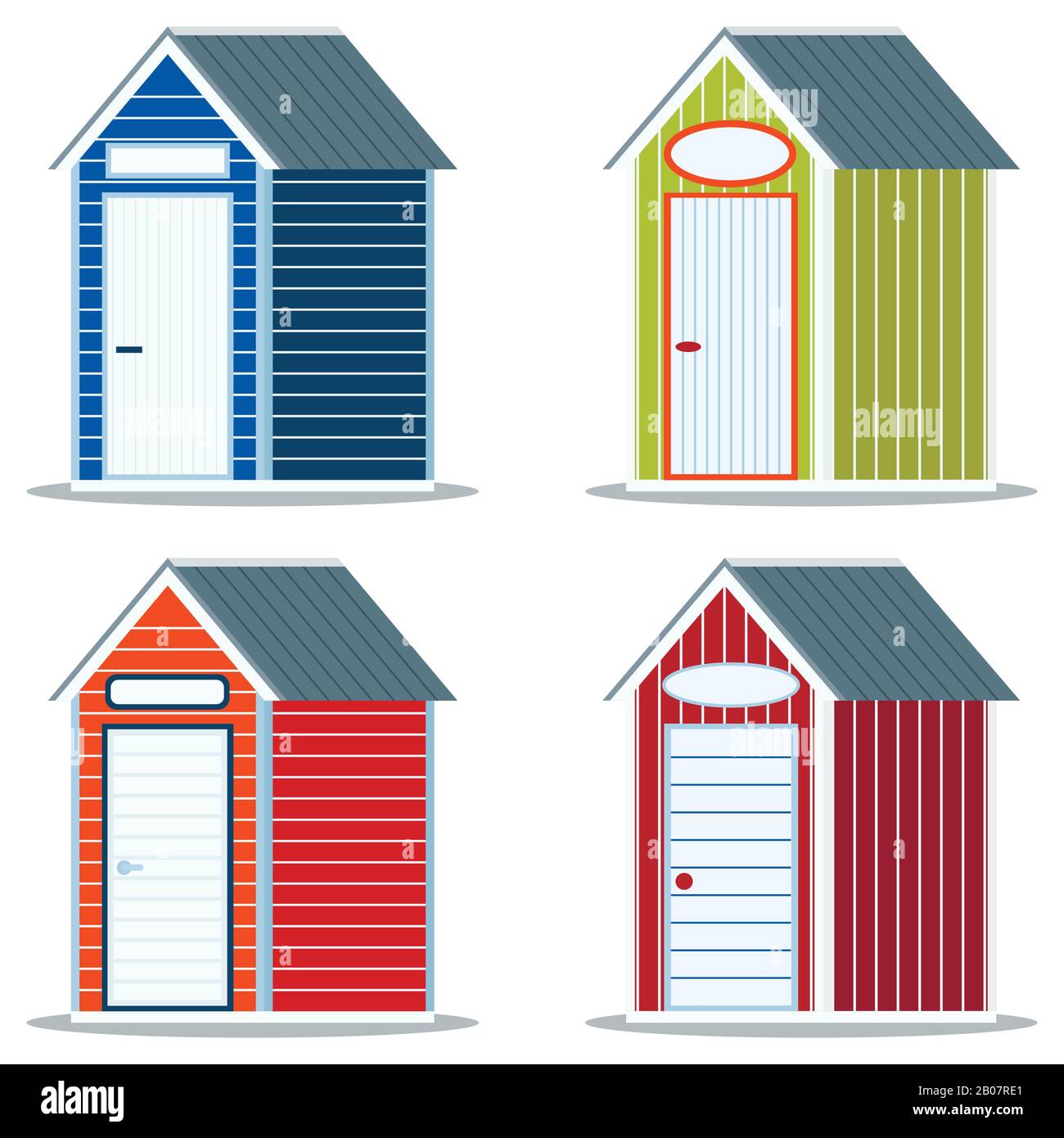 Set di capanne spiaggia in legno multicolore o plastica pvc diverse con icona segno vuoto. Illustrazione Vettoriale