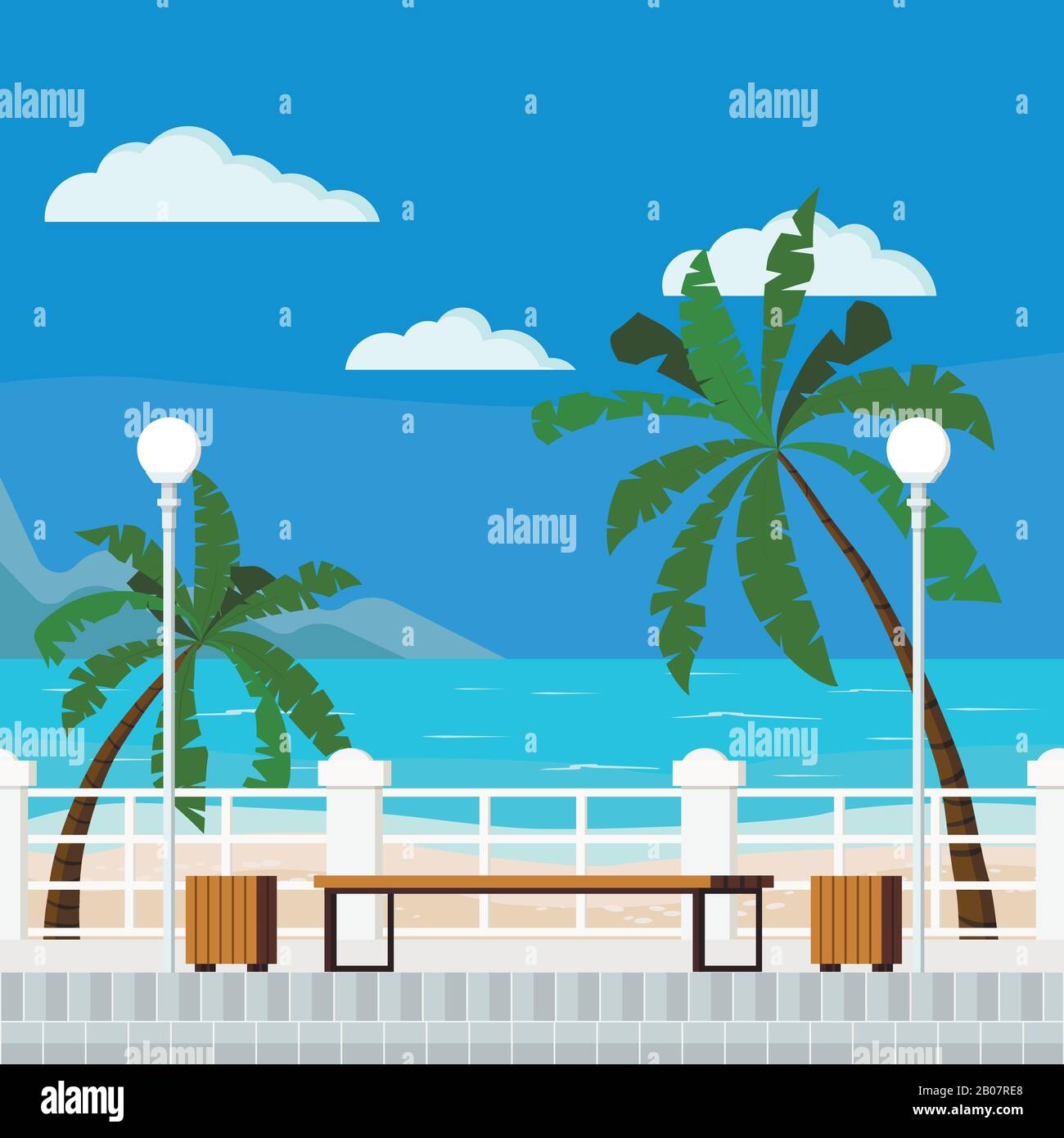 Vettore piatto cartone animato illustrazione di mare blu con spiaggia sfondo estivo. Illustrazione Vettoriale