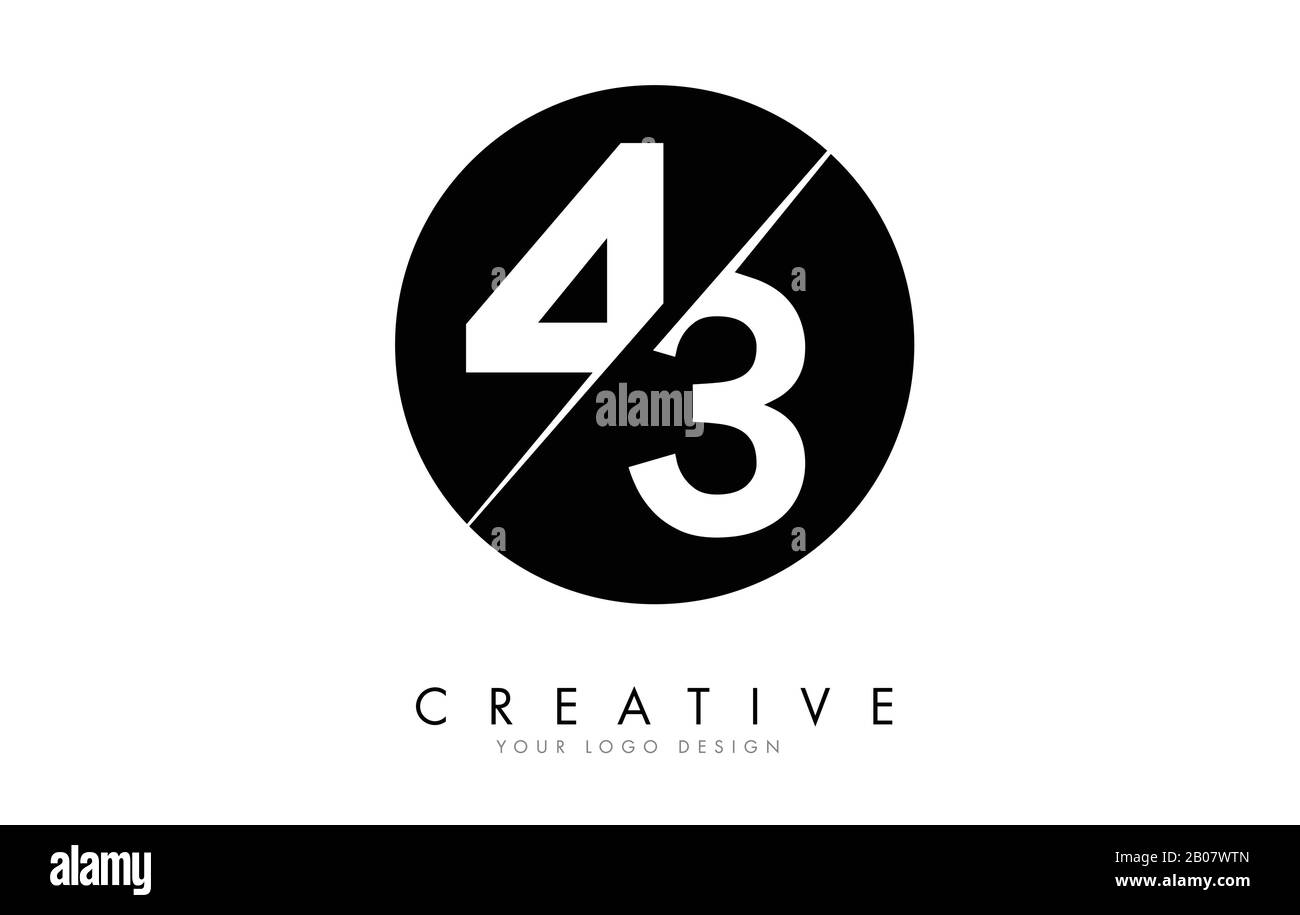 43 4 3 disegno del Logo di numero con un taglio creativo e sfondo del cerchio nero. Design creativo del logo. Illustrazione Vettoriale
