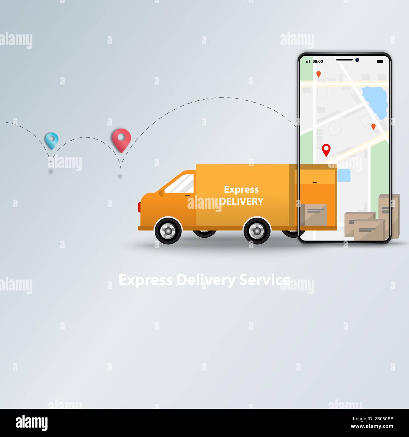 App di servizio di consegna rapida e tracciamento degli ordini online su concetto mobile. Logistica di furgone consegna e telefono cellulare con mappa in background. Illustrazione Vettoriale