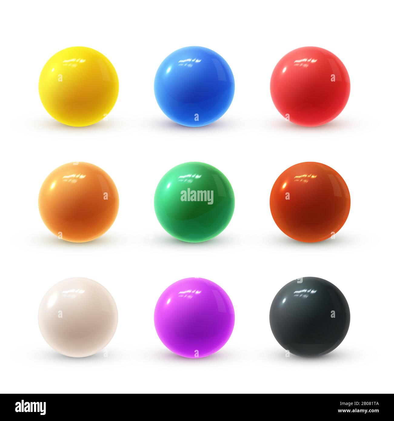 Realistico e moderno set vettoriale di coloratissime sfere in plastica lucida con riflessi luminosi Illustrazione Vettoriale