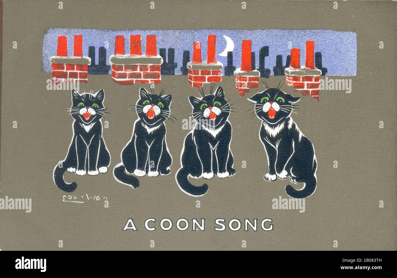 Cartolina da Louis Wain che mostra gatti neri che miauling di notte Foto Stock