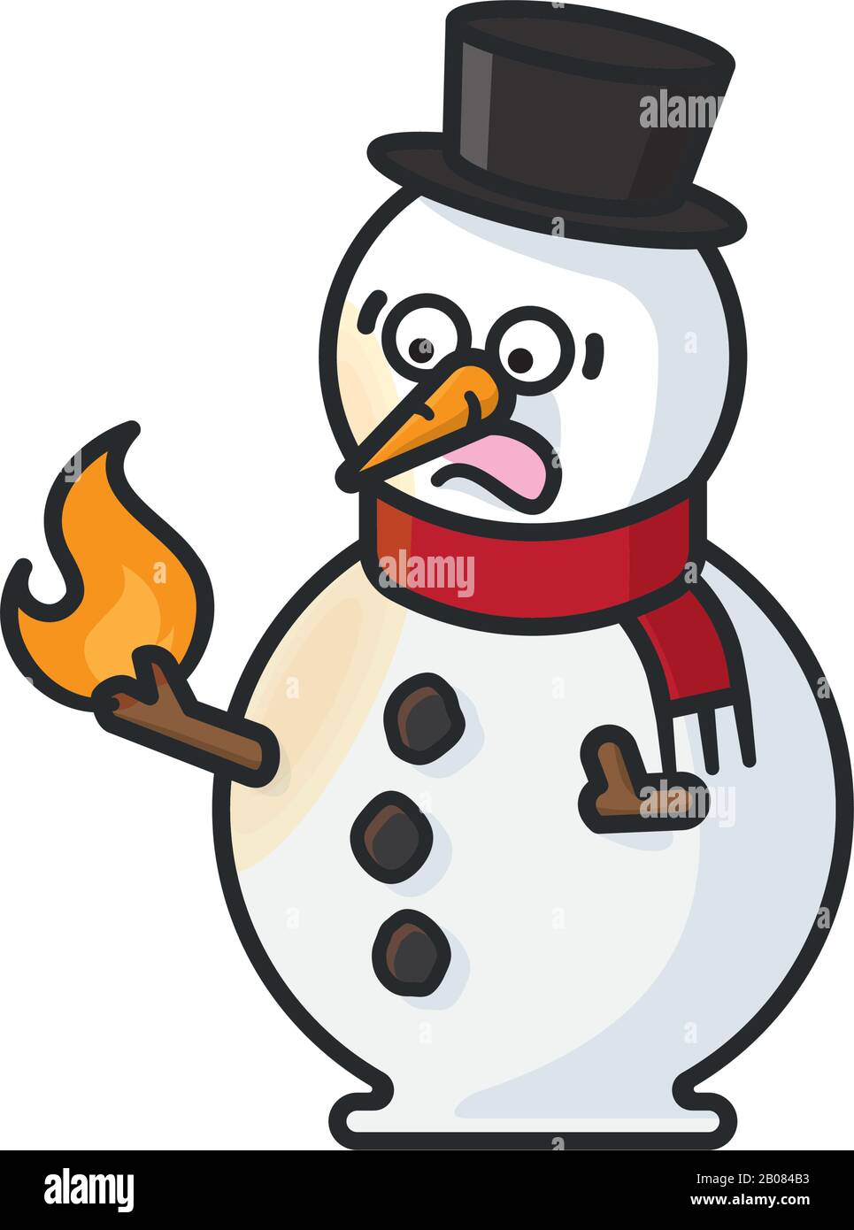 Impaurito pupazzo di neve che guarda la sua mano bruciante bastone isolato vettore illustrazione per Snowman Burning Day il marzo 20th. Illustrazione Vettoriale