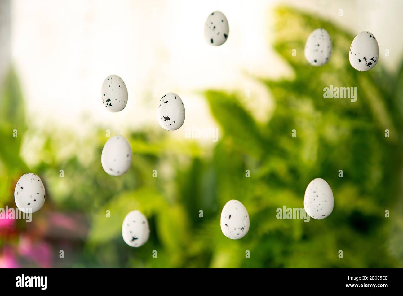 Sfondo di Pasqua . Uova pasquali con macchie nere su sfondo verde spaziale. Decorazione astratta, allestimento stagionale, biglietto d'auguri Foto Stock