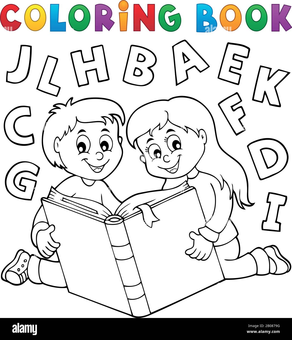 Libro da colorare per bambini e tema letteratura - illustrazione vettoriale eps10. Illustrazione Vettoriale