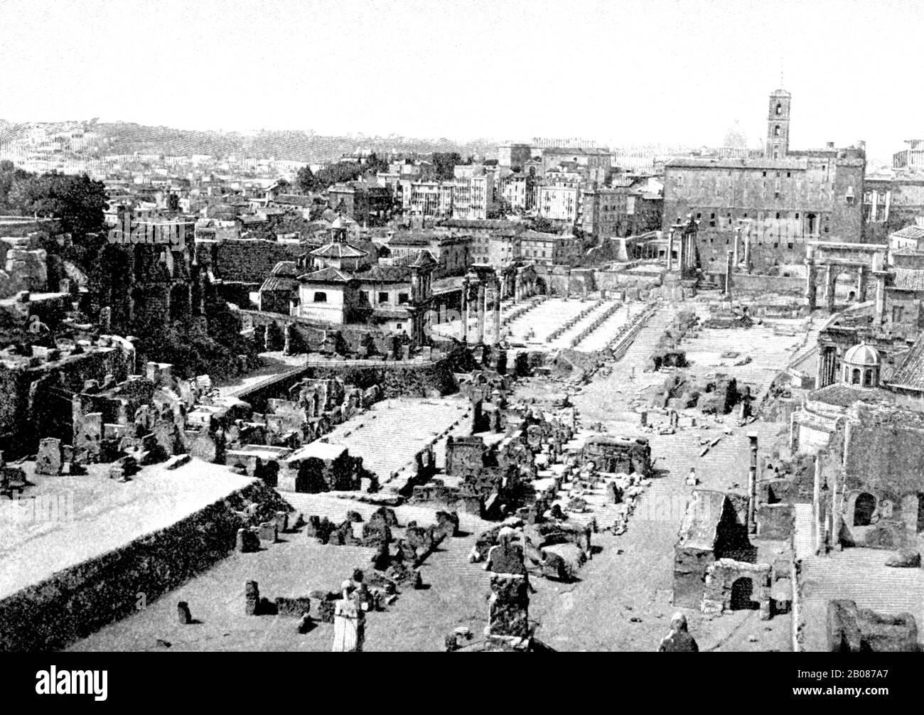 Nell'antica Roma, il foro era il mercato e il luogo d'incontro ed era costituito da una piazza aperta circondata da edifici pubblici. Il forum più conosciuto è quello di Roma, qui raffigurato in una fotografia del 1900. L'orientamento è rivolto verso ovest. Le tre colonne erano una volta parte del Tempio di Castor e Pollux. Davanti a loro si trovano i resti della casa delle Vestali. Dietro c'è la Basilica Giuliana. A destra è la Sacra Via (Via Sacra) Foto Stock