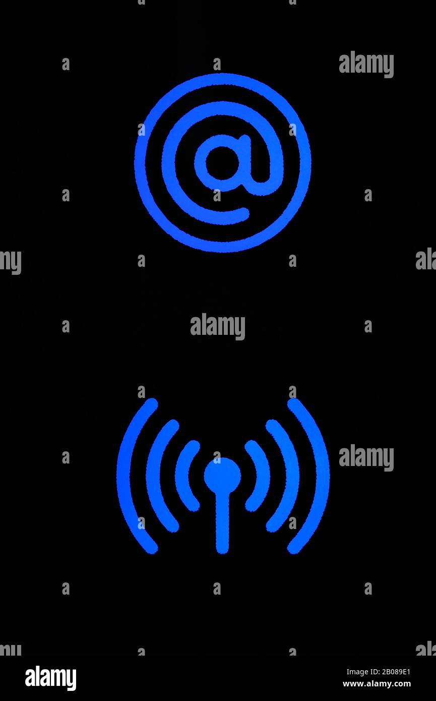 Carattere tipografico blu del segno e simbolo wi-fi, spie di standby del modem Foto Stock