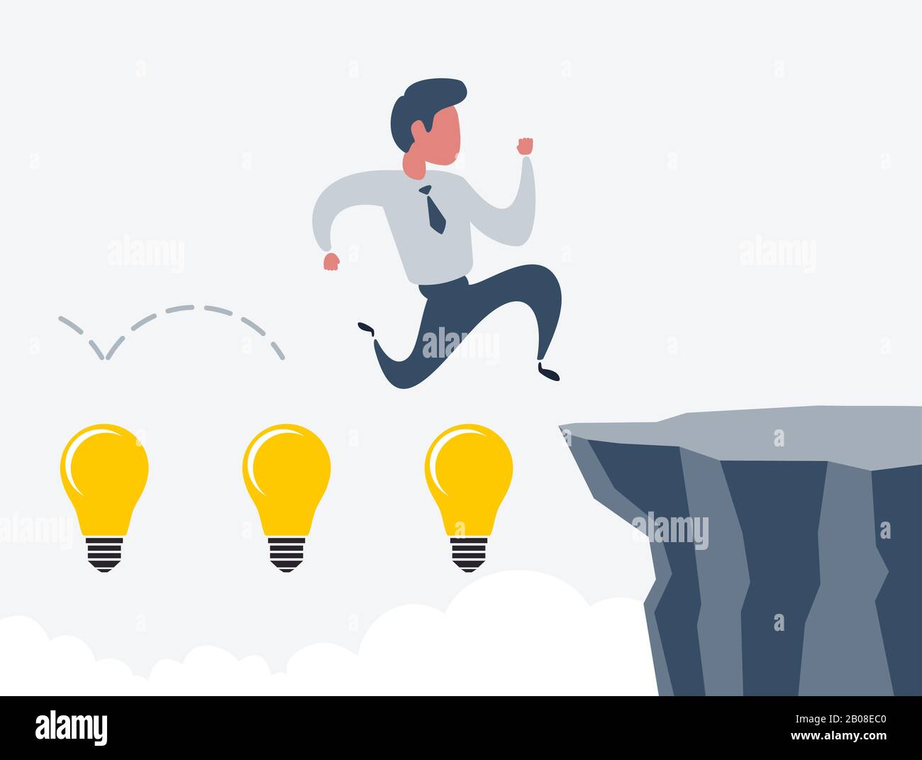 Business man saltando su cliff gap. Concetto di rischio aziendale e di successo. Illustrazione Vettoriale